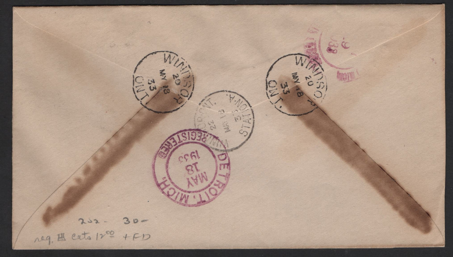 Lot 234 Canada (C) #202-202i 5c Dark Blue parliament Buildings, 1933 UPU Meeting Issue, A Fine Used Cover, Somewhat Aged Toned FDC Franked With An UR Plate 1 Block, Tied By May 18 1933 Windsor Cancels, The LR Stamp Showing A Faint 'Line in 5' Variety.