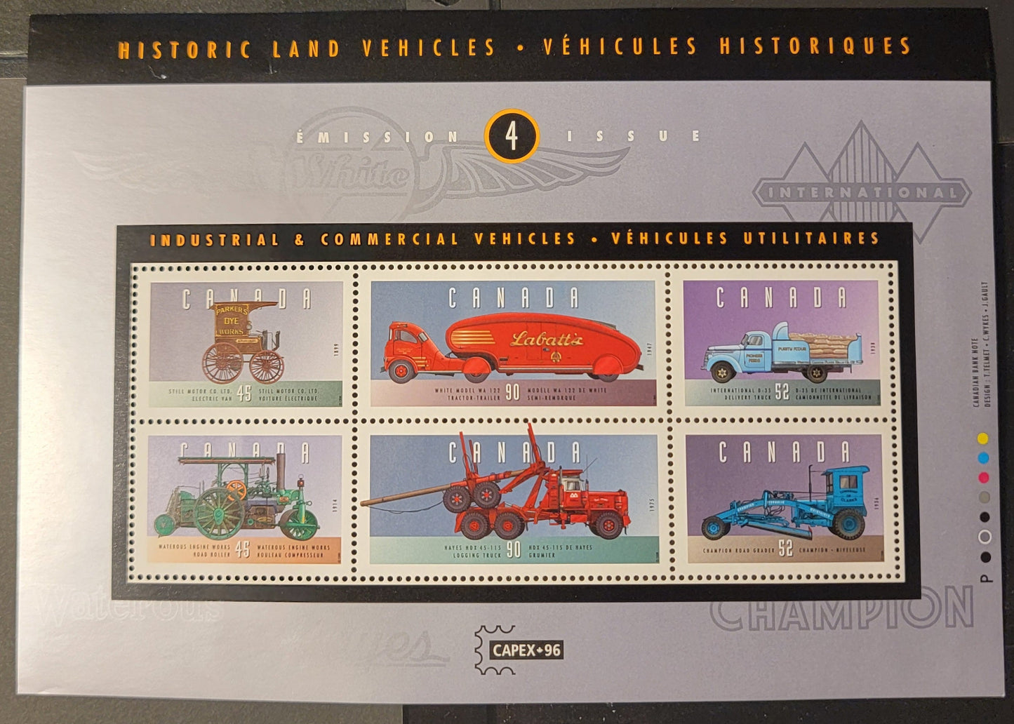 Canada #1604 45c-90c Multicoloured Still Motor Co. Electric Van - Hayes HDX 45-115, 1996 Historic Land Vehicles Issue, A VFNH Souvenir Sheet Of 6 On LF Peterborough Paper