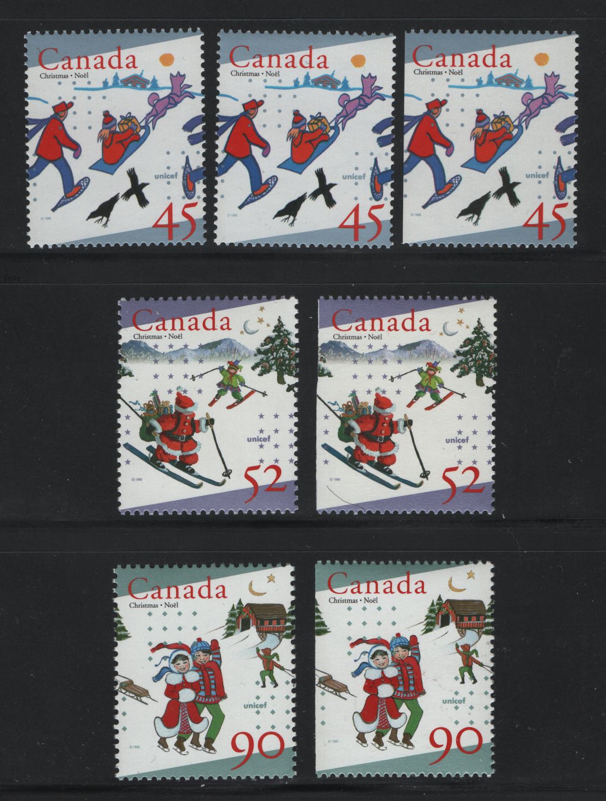 Lot 154 Canada #1627-1629as 45c-90c Multicoloured Delivering Gifts By Sled - Children Skating, 1996 Christmas Issue, 7 VFNH Singles & Booklet Singles With 45c On DF & LF Peterborough Paper