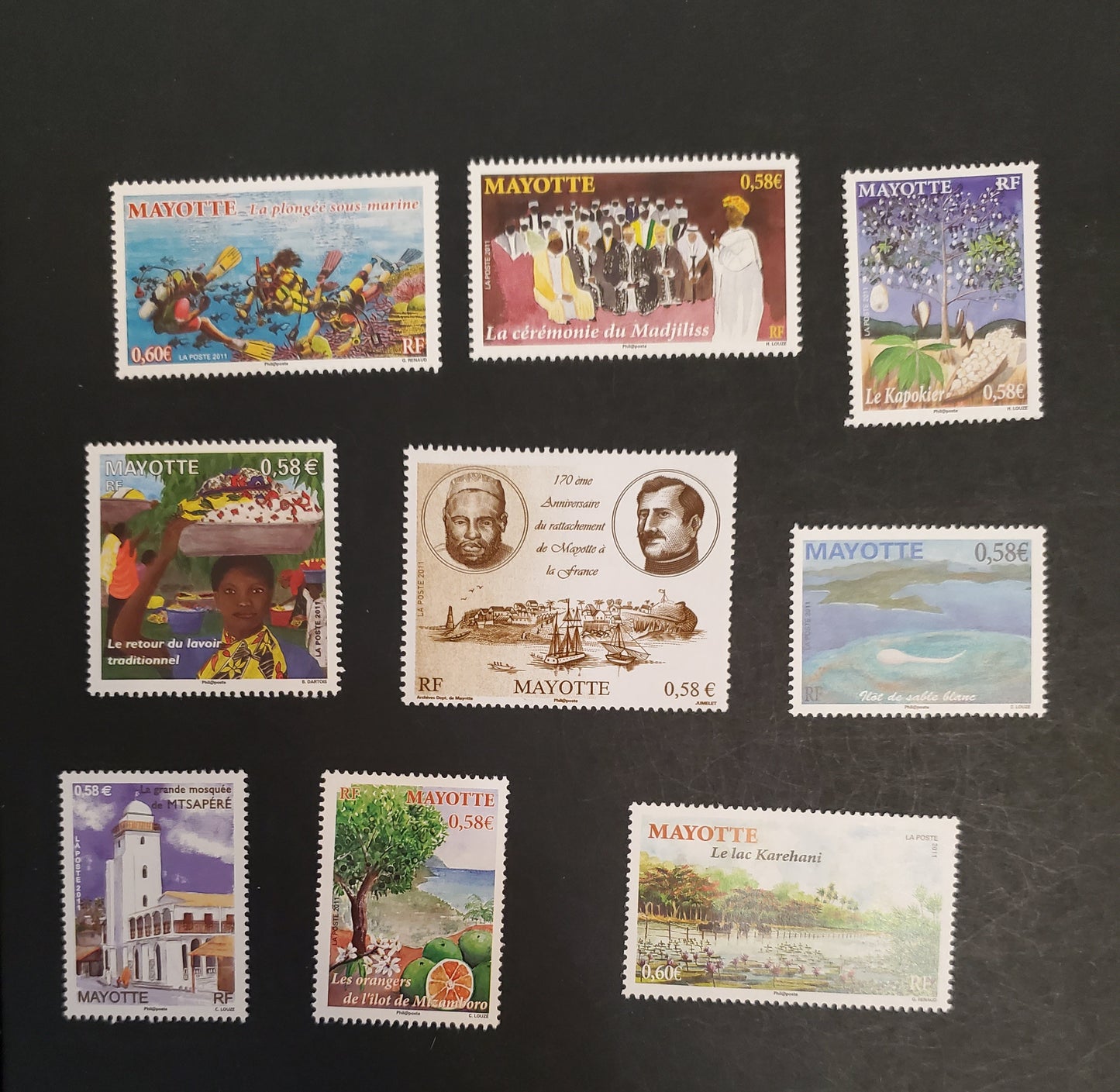 Mayotte (Comoro Islands) SC#268/278 2011 Grand Mosque Of Mtsapere - Karehani Lake, 9 VFNH Singles, Click on Listing to See ALL Pictures, 2017 Scott Cat. $15.75