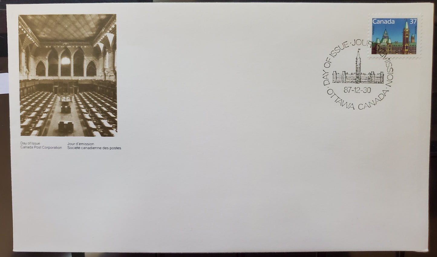 Canada #1163 37c Multicoloured Parliament Buildings, 1987-1991 Mammal & Architecture Issue, A VF First Day Cover Fluorescent Cream Envelope