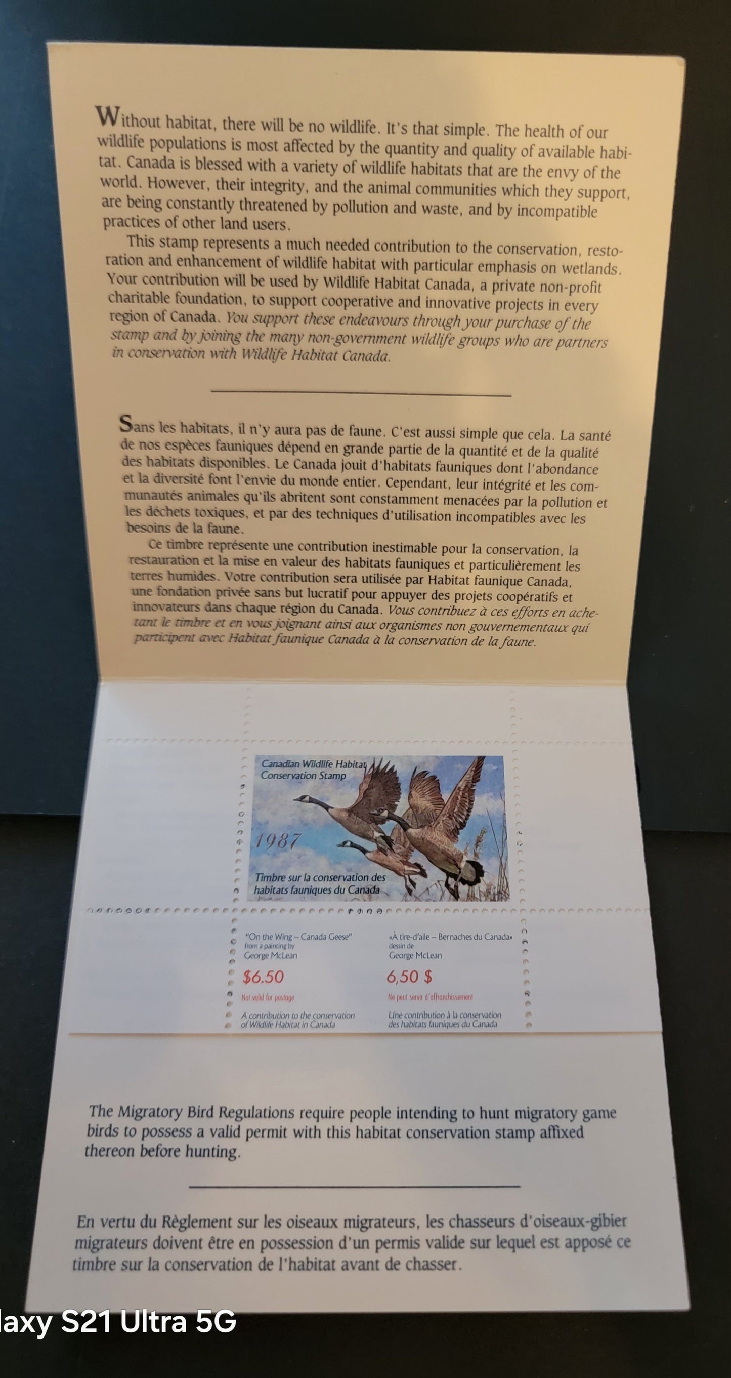 Canada #FWH3 $6.5 Multicoloured Canada Geese, 1987 Federal Wildlife Habitate Conservation Issue, A VFNH Complete Booklet HF Inside Cover, F Stamp