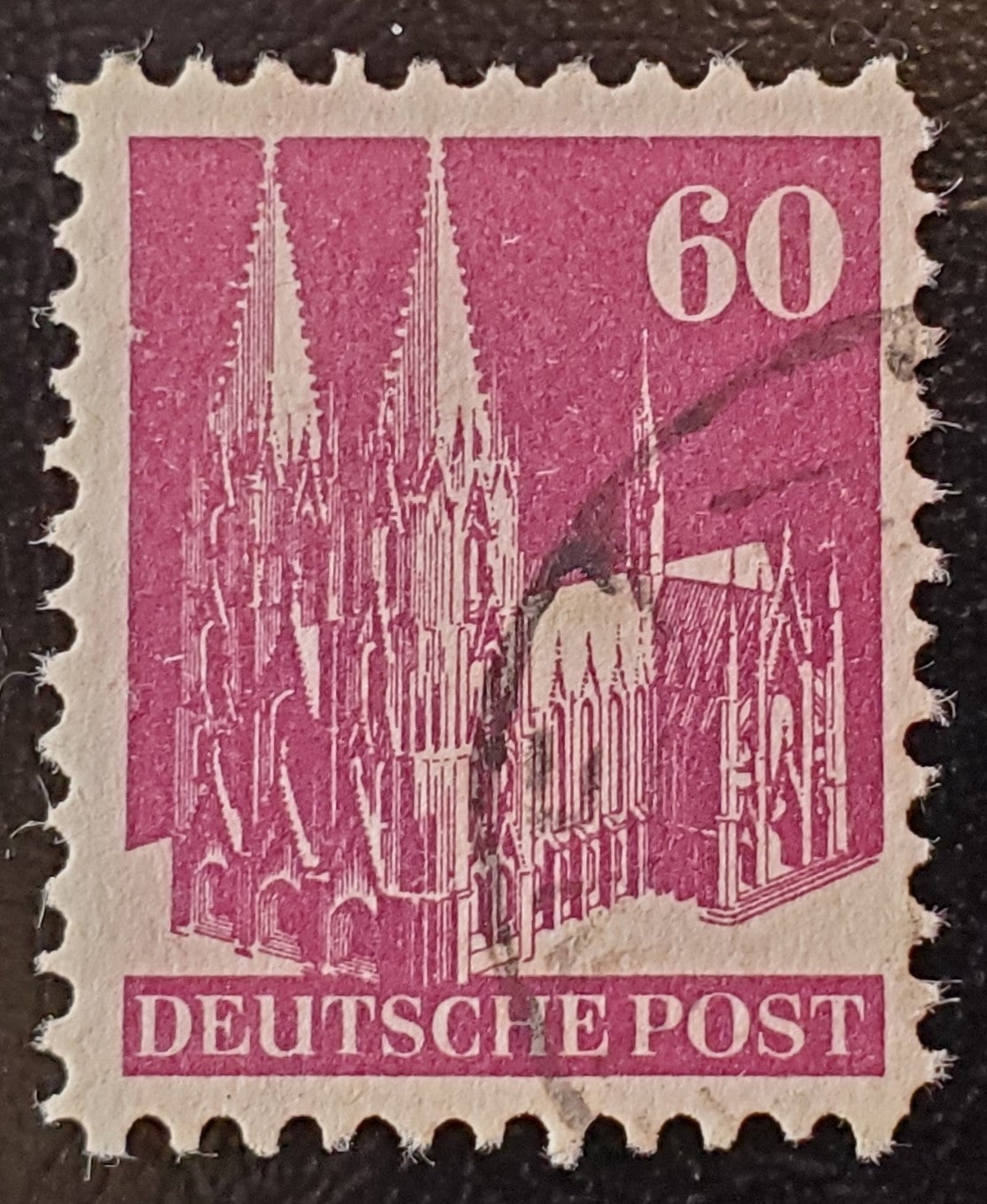 Germany - American and British Zone MI#93IXD (654var) 1948-1951 Buildings Issue, 60pf Violet Brown Type 1, Line Perf 11 x 11.5, Wmk X, A VF Used Single, 2023 Michel Cat. € 9