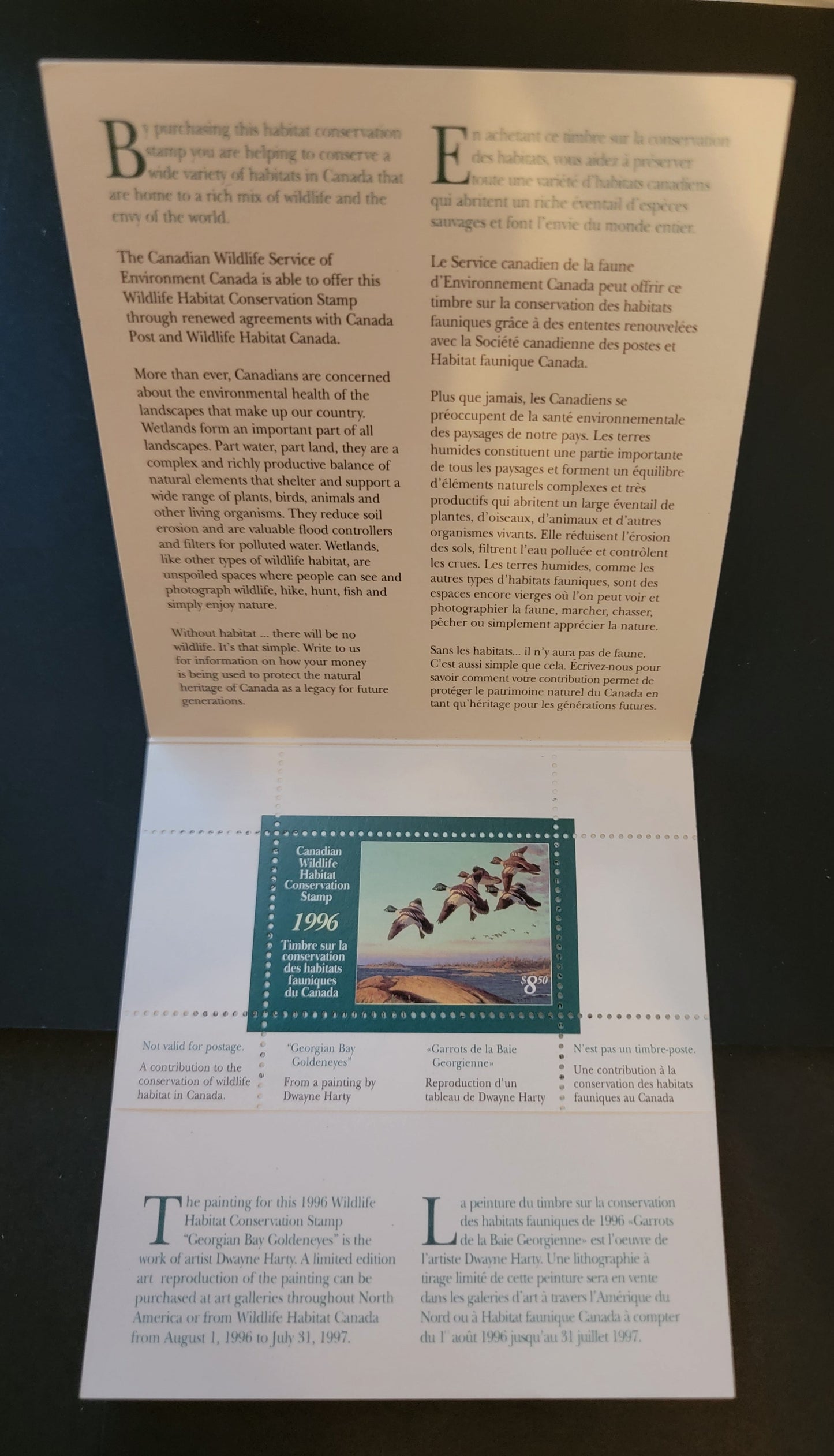 Canada #FWH12 $8.5 Multicoloured Goldeneyes, 1996 Federal Wildlife Habitate Conservation Issue, A VFNH Complete Booklet HF Inside Cover, DF Stamp