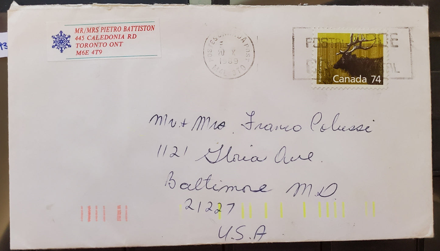 Canada #1177 74c Multicoloured Wapiti, 1987-1991 Mammal & Architecture Issue, A VF Cover Single Use to USA, Paying Overweight Rate?