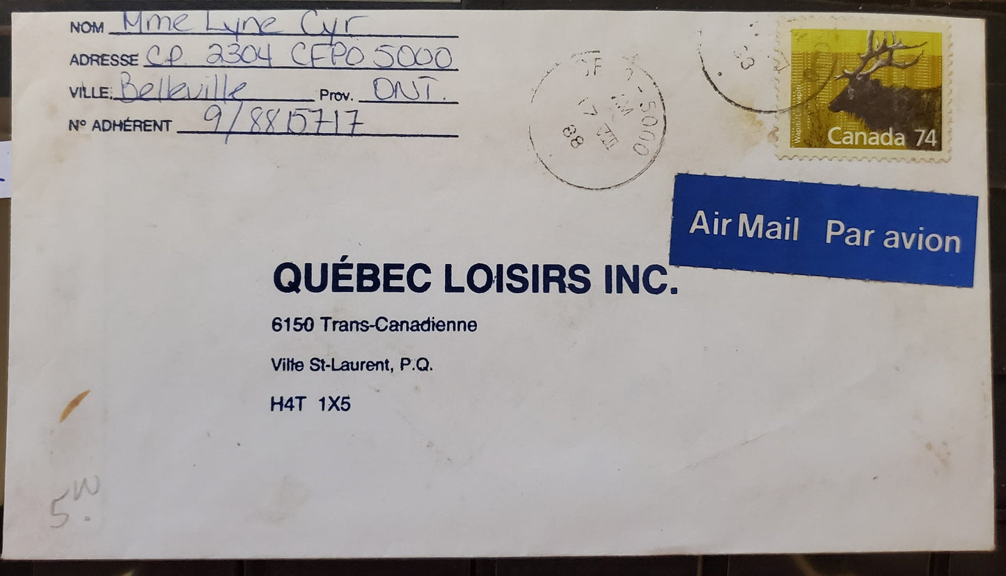 Canada #1177 74c Multicoloured Wapiti, 1987-1991 Mammal & Architecture Issue, A Fine Cover Single Domestic Use From Candian Forces Base