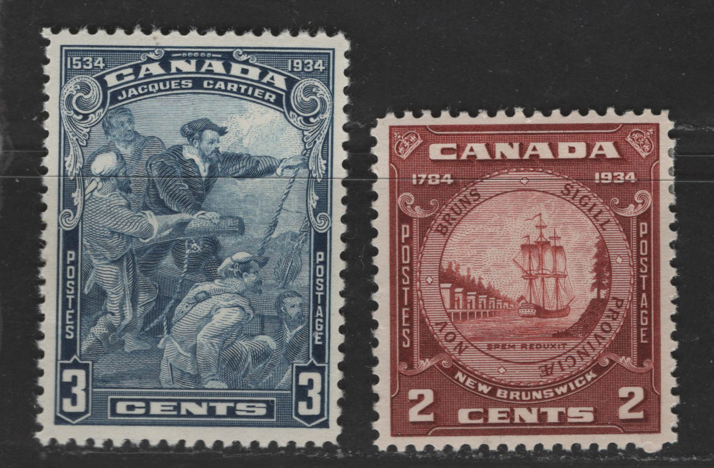 Canada #208, 210 1c, 3c Red Brown & Blue Jacques Cartier - NB Seal, 1934 400th Anniversary of Discovery Of Canada & 150th Anniversary Of Founding Of NB Issues, 2 VFNH Singles
