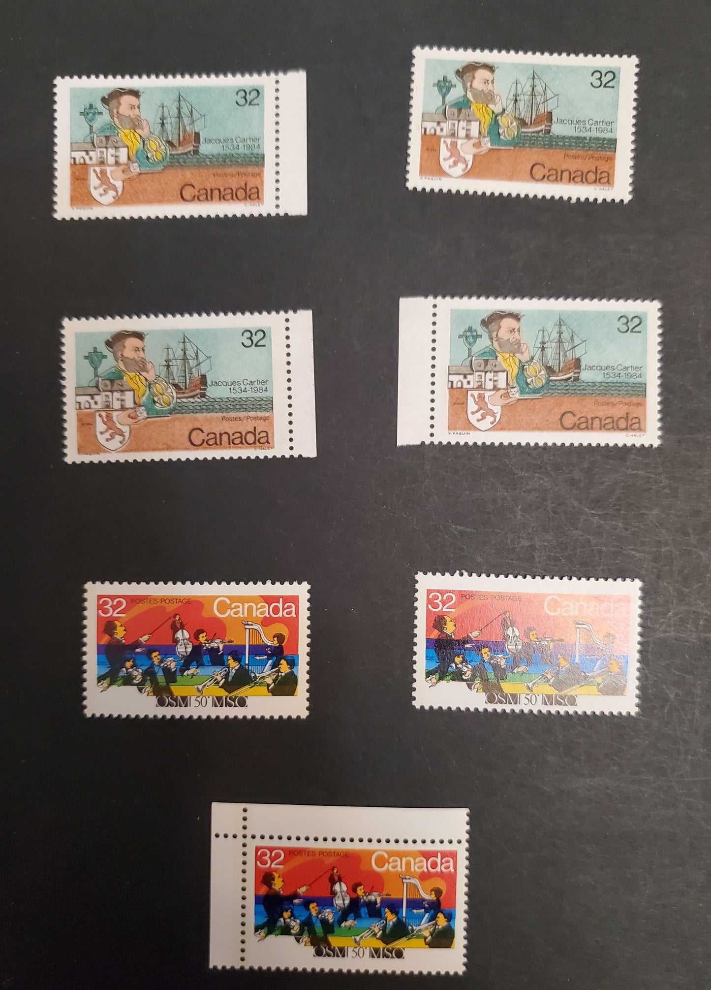 Lot 9 Canada #1010/1011ii 32c Multicoloured Jacques Cartier & Ship & Orchestra Playing, 1984 Jacques Cartier & Montreal Symphony Orchestra Issues, 7 VFNH Singles On NF/NF, NF/DF1, NF/DF2 Clark Papers And DF, LF, F and HF Papers