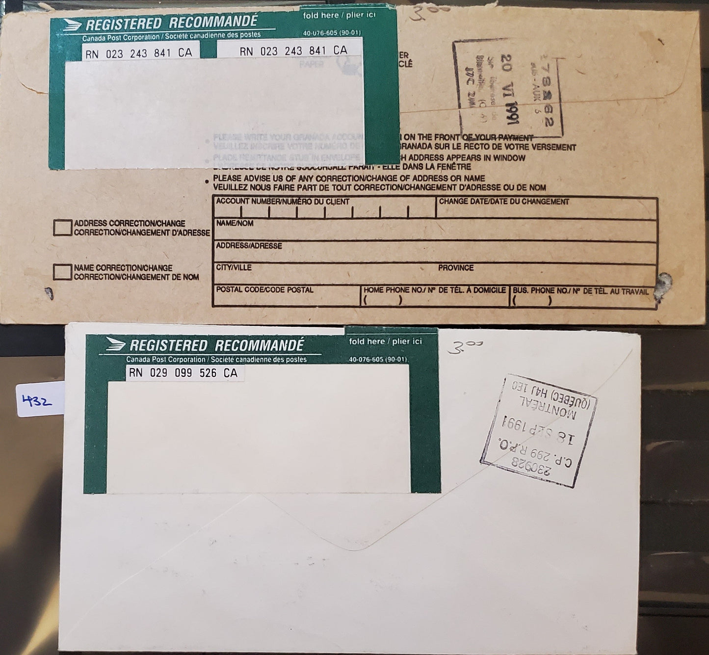 Canada #1160a, 1181-1182 10c, $1, $2 Multicoloured Skunk, Runnymeade Library & McAdam Railway, 1987-1991 Mammal & Architecture Issue, 2 VF Covers Combination Use To Pay $3.10 Domestic Registered Rate