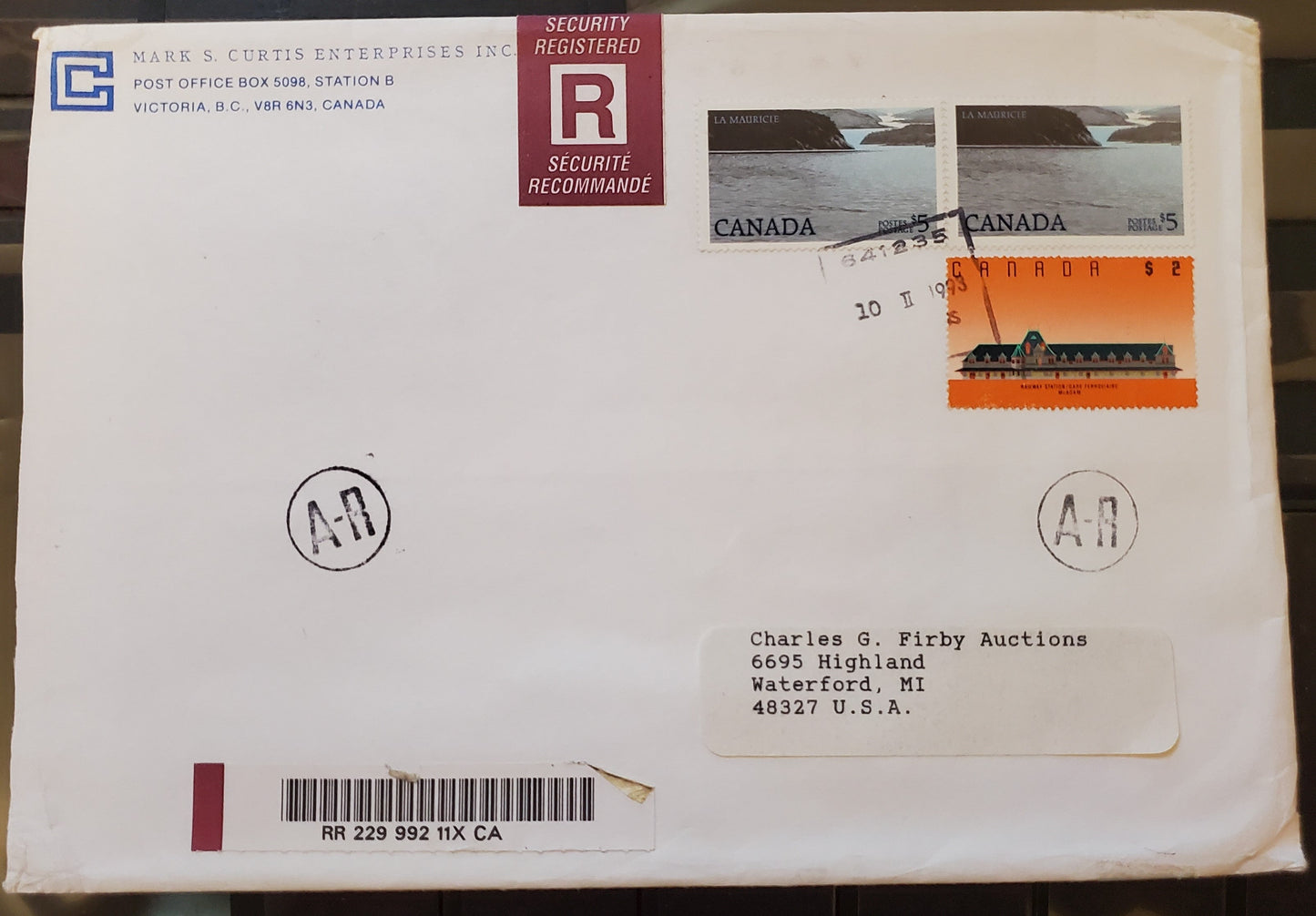 Canada #1084ii, 1182 $2, $5 Multicoloured La Mauricie & McAdam Railway, 1987-1991 Mammal & Architecture Issue, A VF Cover Combination Usage to Pay $12 Registration and AR