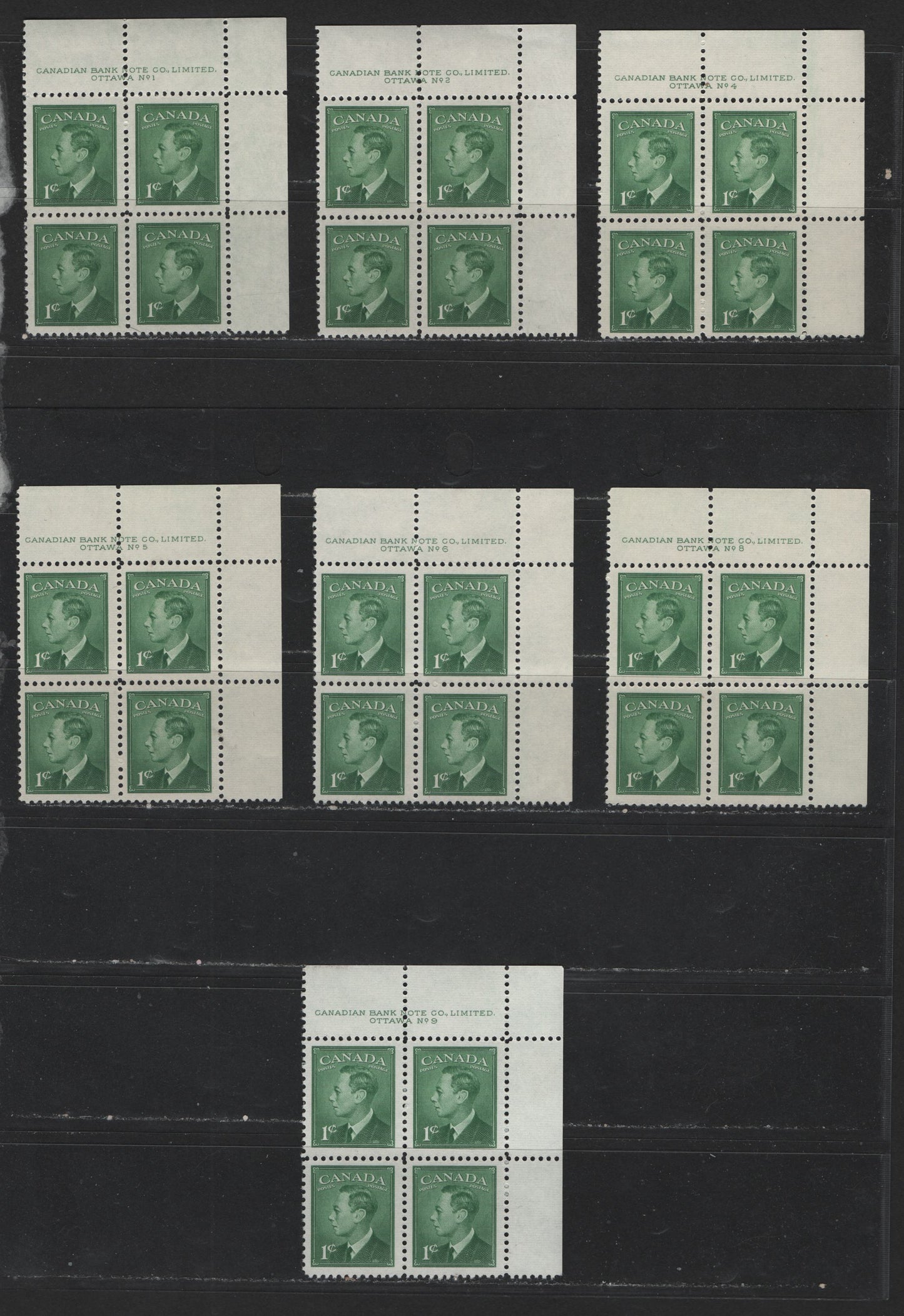 Lot 117 (C) Canada #284 1c Green King George VI, 1949-1952 Postes-Postage Issue, VFNH UL Plate Blocks Plates 1-2, 4-6, 8-9