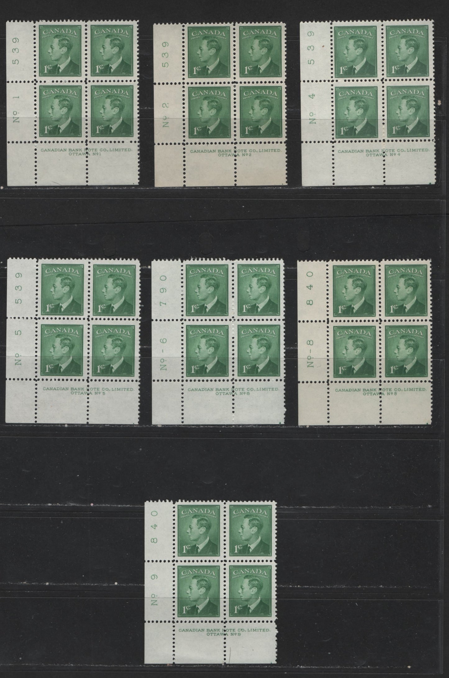Lot 118 (C) Canada #284 1c Green King George VI, 1949-1952 Postes-Postage Issue, VFNH UL Plate Blocks Plates 1-2, 4-6, 8-9