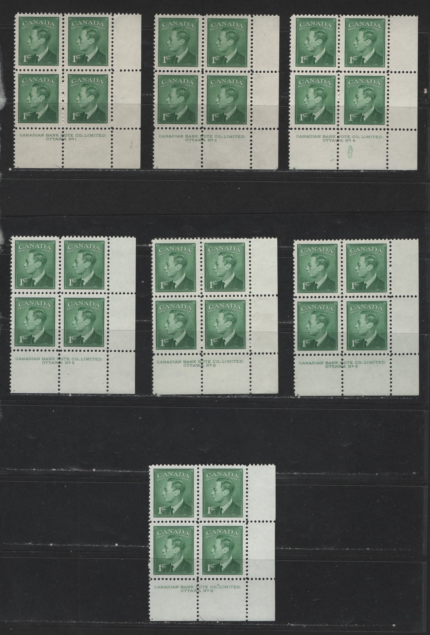 Lot 118 Canada #284 1c Green King George VI, 1949-1952 Postes-Postage Issue, VFNH UL Plate Blocks Plates 1-2, 4-6, 8-9