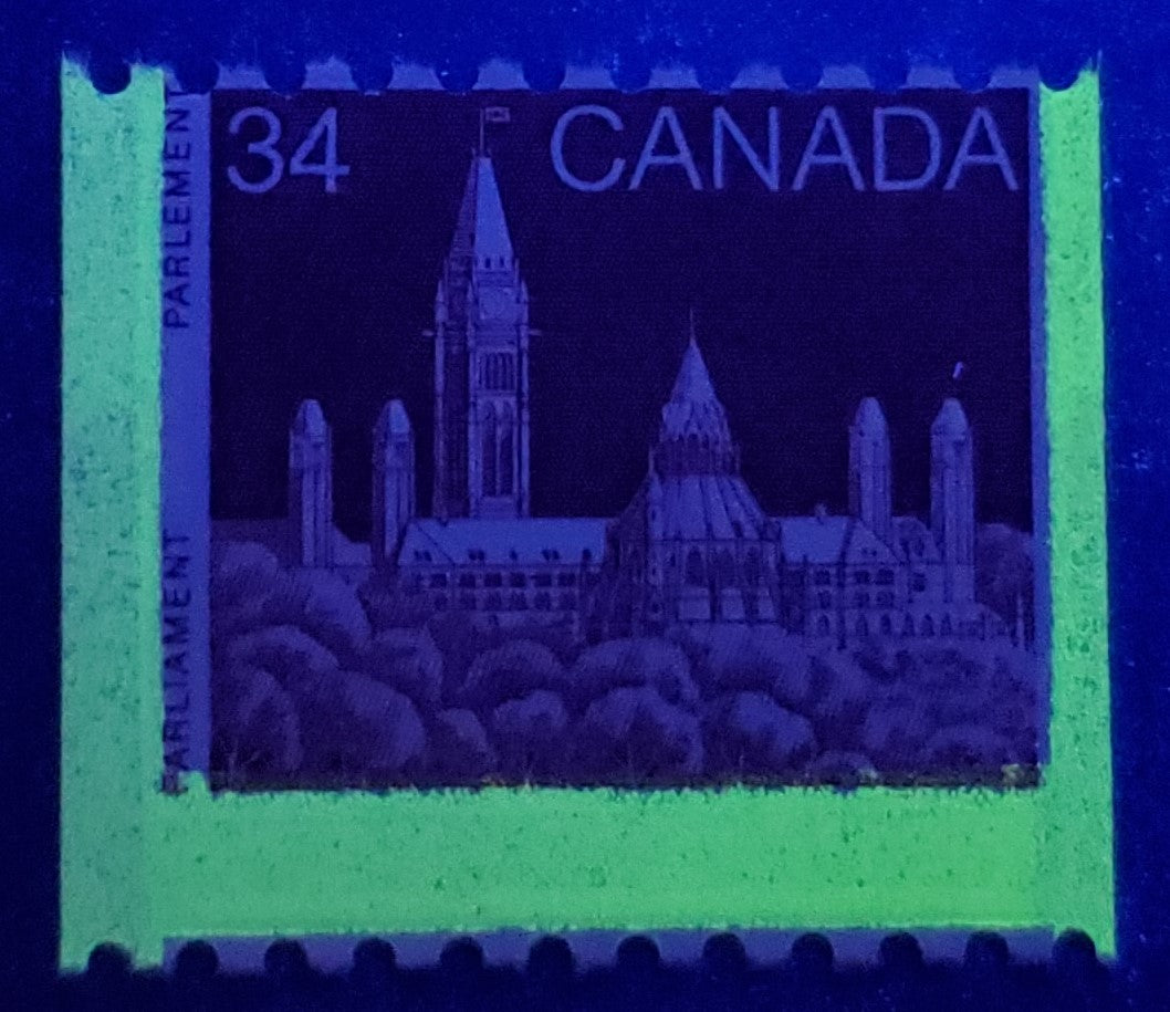 Lot 33 Canada #952var 34c Dull Red Brown Parliament, 1985-1988 Coil Issue, A VFNH Single With G4B Tag Error Due To Perf Shift, DF/DF Rolland Paper