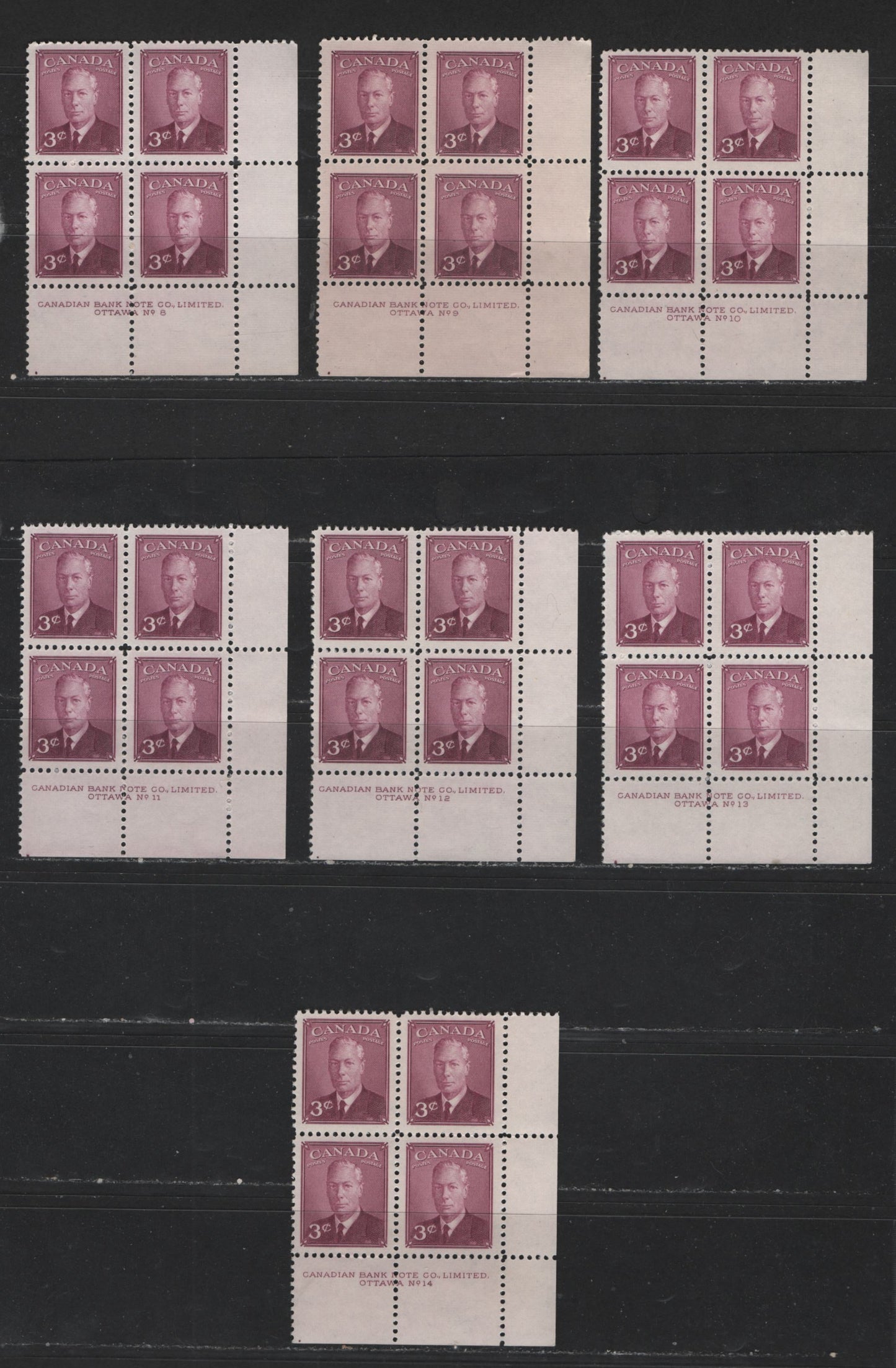 Lot 122 Canada #286 3c Rose Purple King George VI, 1949-1952 Postes-Postage Issue, 7 Fine & VFNH LR Plate Blocks Plates 8-14