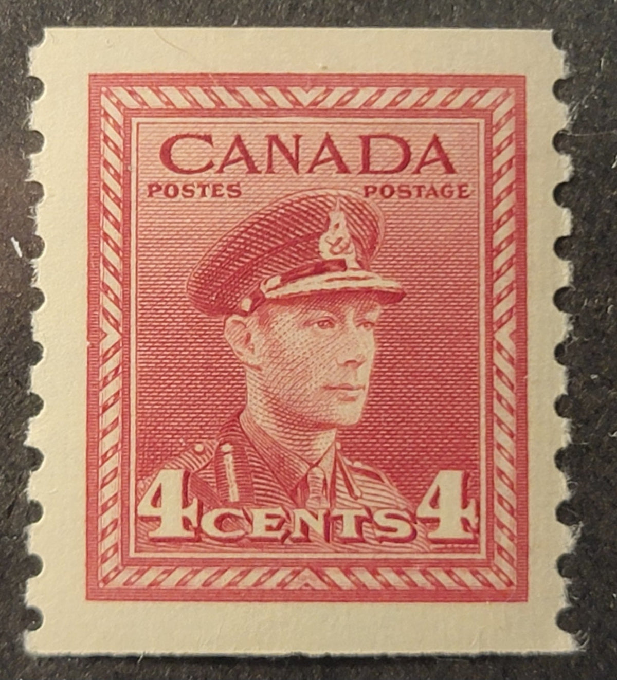 Lot 103 Canada (C) #281 4c Soft Carmine, 1948 KGVI War Issue Coils, A VFNH Coil Single, CBN-RRRRRR Paper, Perf 9.5 Vertical