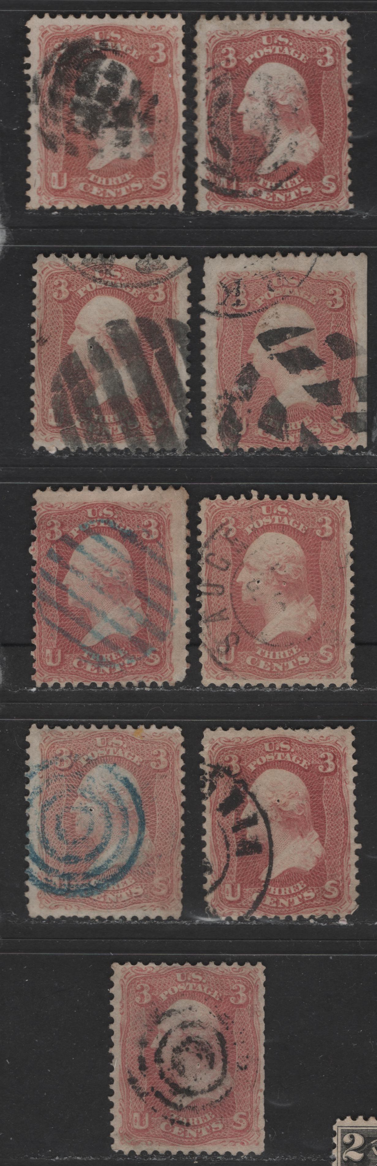 United States Of America #65 3c Rose - Pinkish Rose George Washington, 1861-1869 Civil War Issue, 9 Ungraded Used Singles Showing The Range Of Rose Shades, Sold For Reference Only