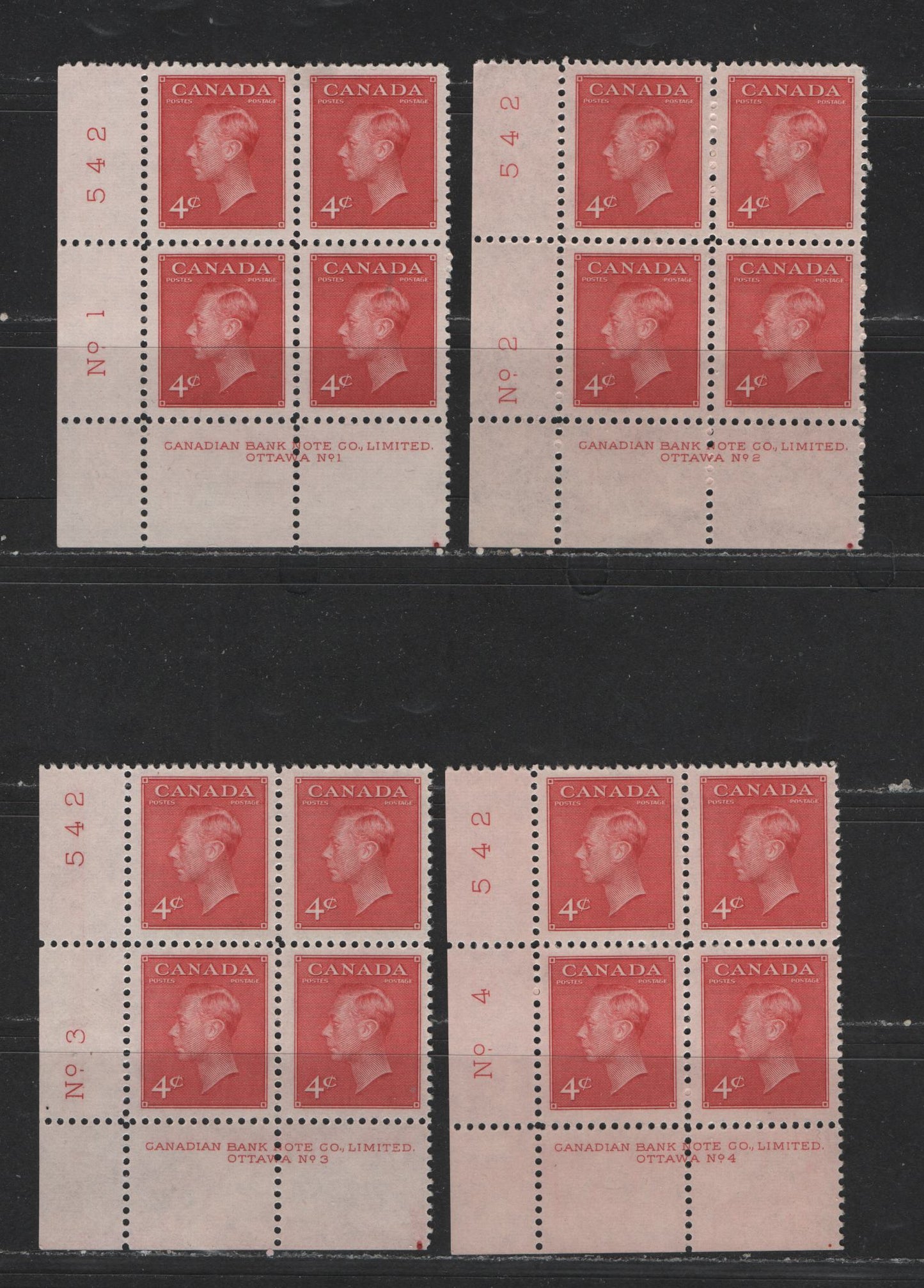 Lot 124 Canada #287 4c Carmine King George VI, 1949-1952 Postes-Postage Issue, 4 VFNH LL Plate Blocks Plates 1-4