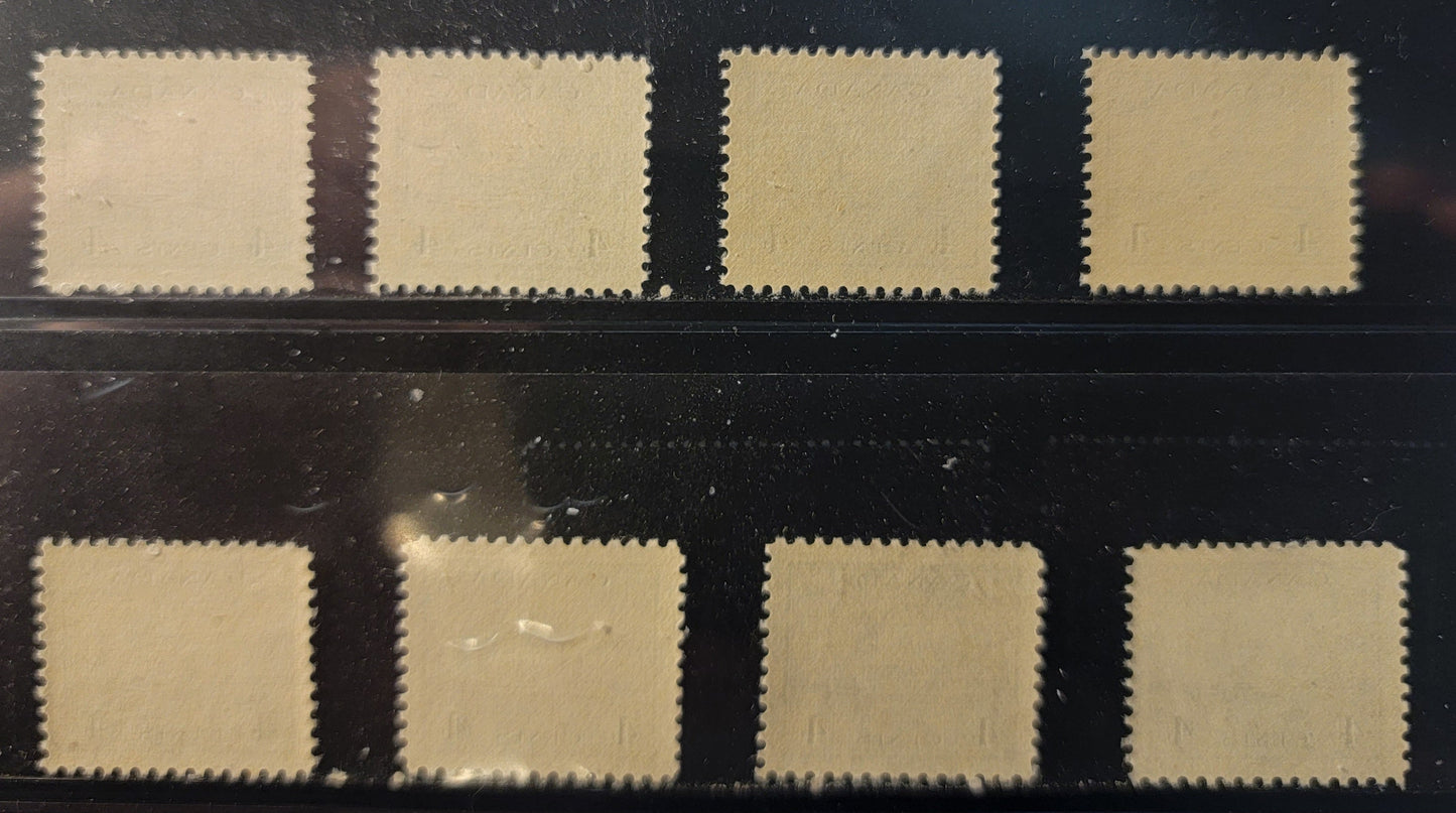 Lot 380 Canada SC#253 4c Deep Slate & Slate King George VI, 1942-1949 War Issue, 8 VFNH Singles On Papers CBN-ZZZZZZ and CBN-IIIIIII, Various Perfs