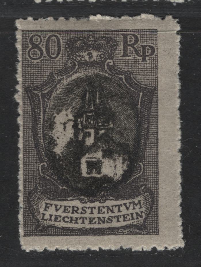 Liechtenstein #68 (Mi #59A) 80rp Black & Grey Violet Chapel Of St. Mamertus, 1921 Arms, Chapel & Vaduz Views Definitives, VF Used Small Perforation Holes, Broad Teeth