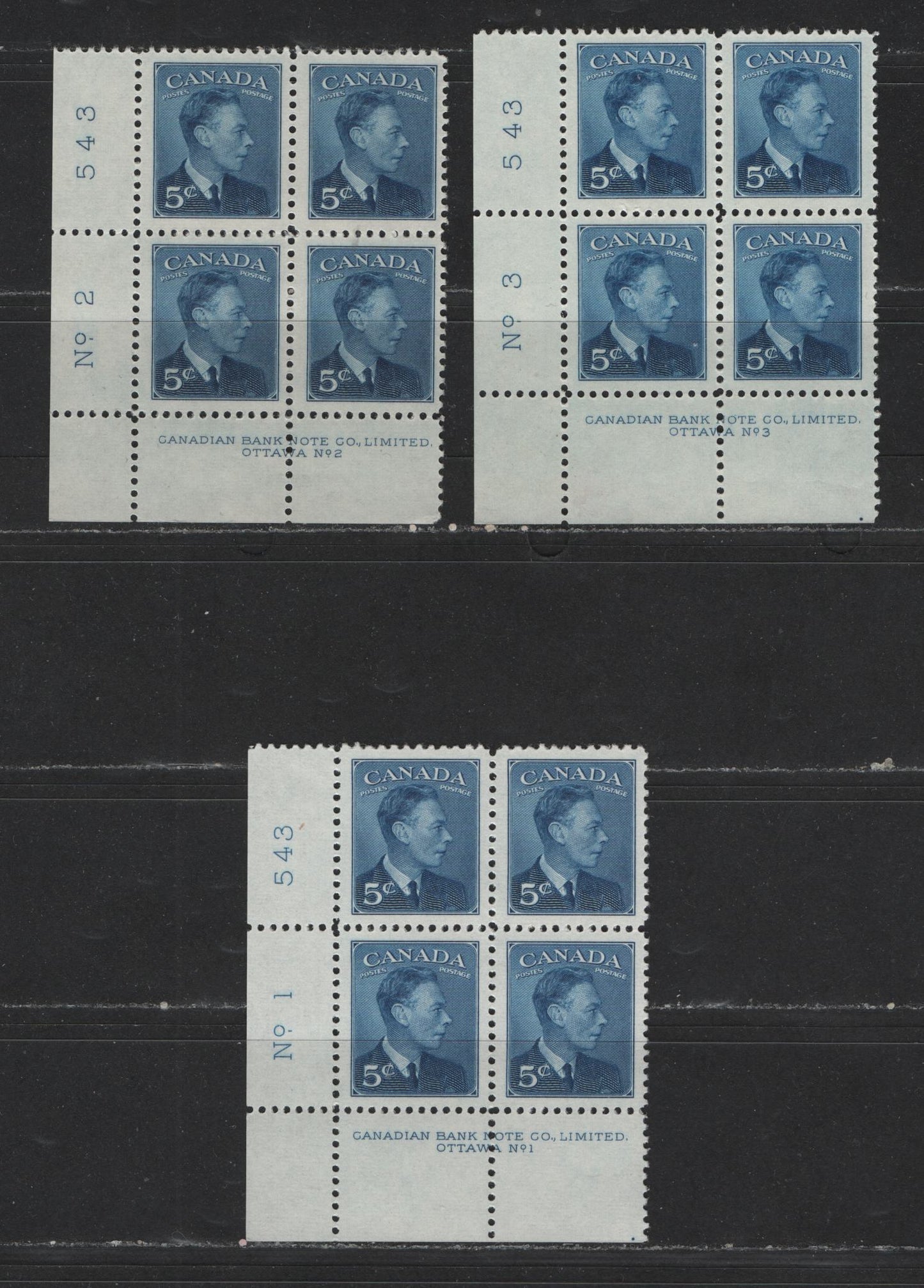 Lot 127 Canada #288 5c Deep Blue King George VI, 1949-1952 Postes-Postage Issue, 3 VFNH LL Plate Blocks Plates 1-3