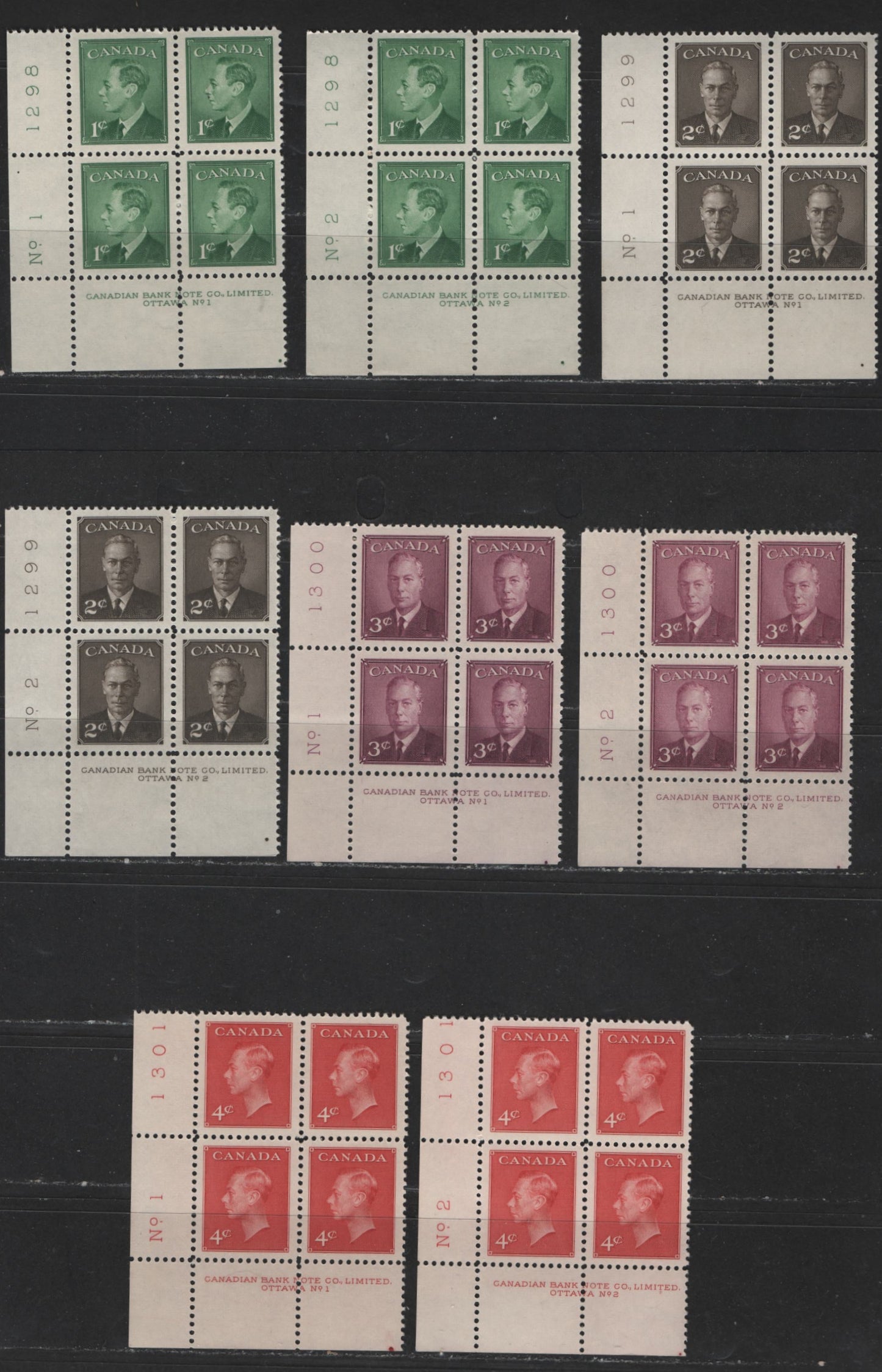 Lot 128 Canada #289-292 1c-4c Green - Carmine King George VI, 1949-1952 Postes-Postage Issue, 8 VFNH LL Plate Blocks Plates 1-2