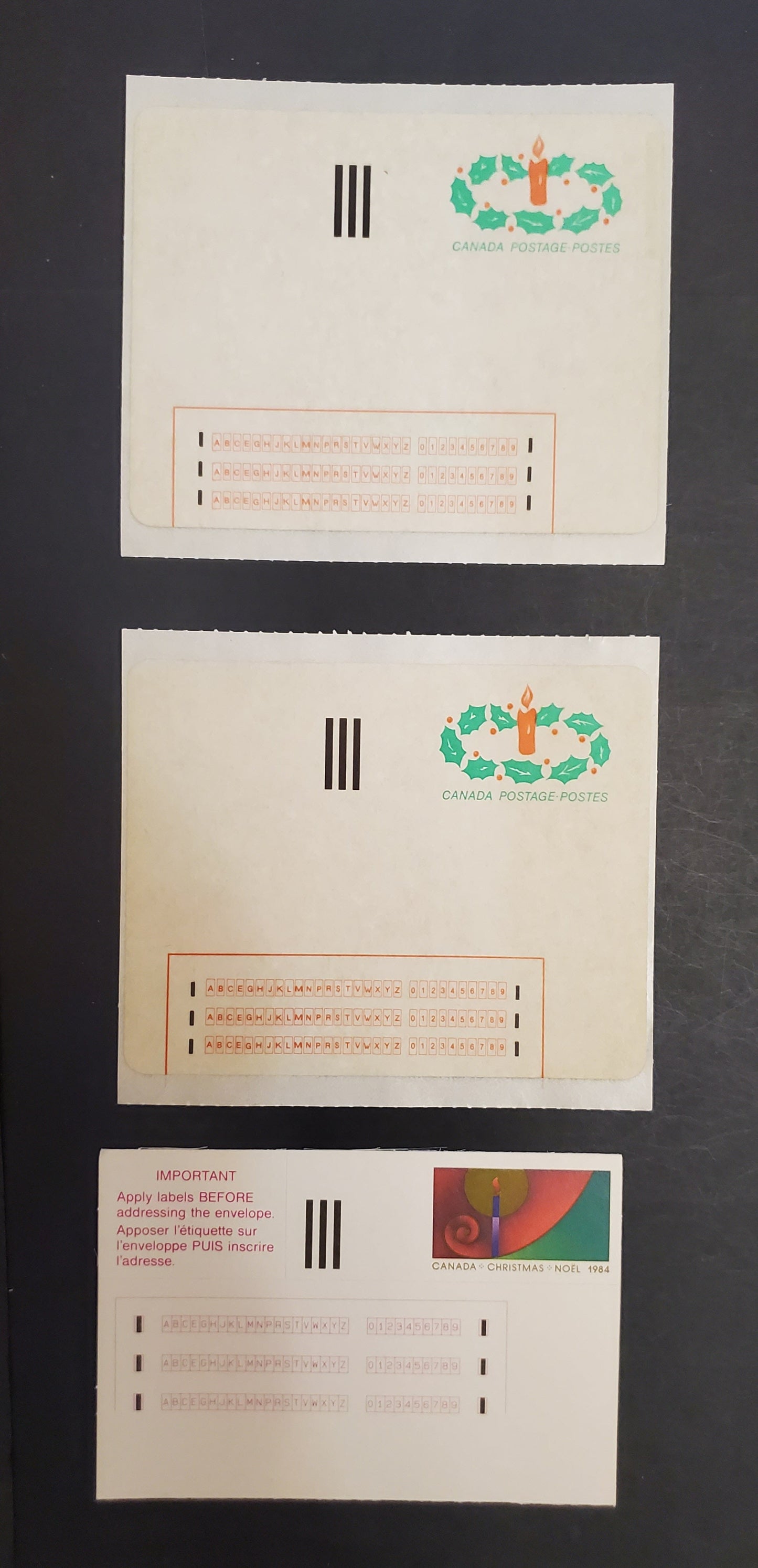 Lot 87 Canada 1ST, 2ST 32c Multicoloured Candle & Holly, 1983-1984 Christmas Issue, 3 VFNH Stick 'N Tic Labels LF & MF Papers, Bright & Weaker Tag