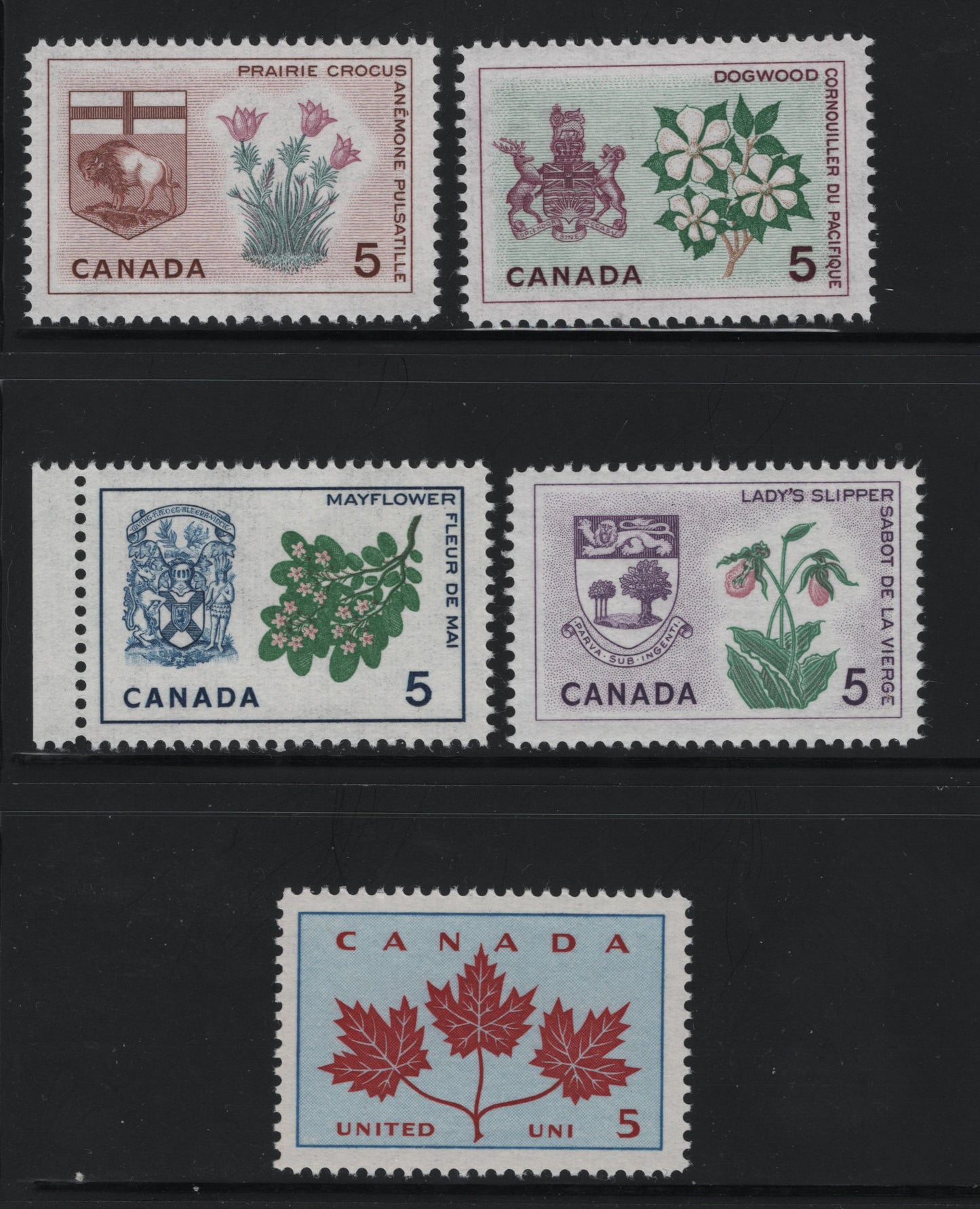 Lot 182 Canada #417i/424i 5c Multicoloured Unity-Lady's Slipper, 1964-1966 Emblems Issue, 6 VFNH Singles On Fluorescent Vertical Wove Paper With Streaky Dextrine Gum