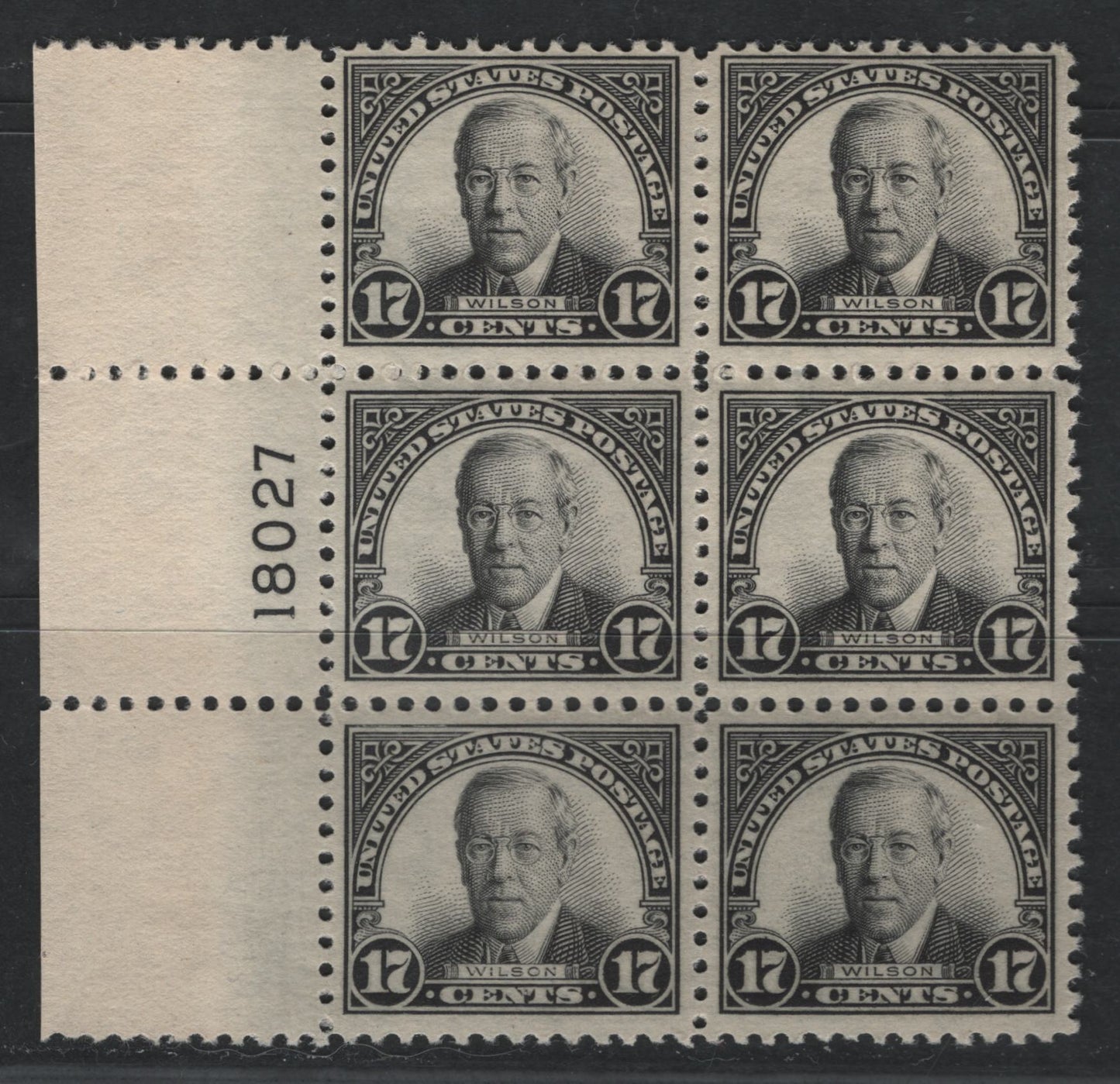 Lot 50 United States Of America #623 17c Black Woodrow Wilson, 1922-1926 4th Bureau Issue, A VFNH Left Plate 18027 Block Of 6 Flat Plate Printing