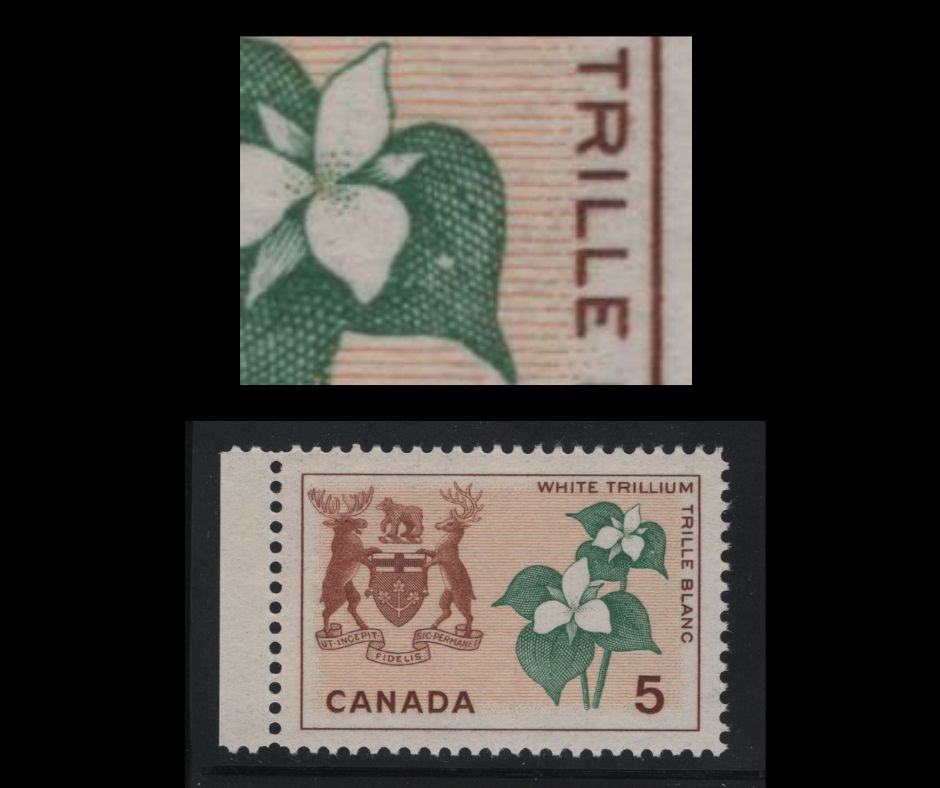 Canada #418var 5c Red Brown, Green & Buff White Trillium, 1964-1966 Emblems Issue, A VFNH Single On DF1 Vertical Ribbed Paper With Smooth Dextrine Gum And Leaf Blemish Variety, Possibly Tertiary