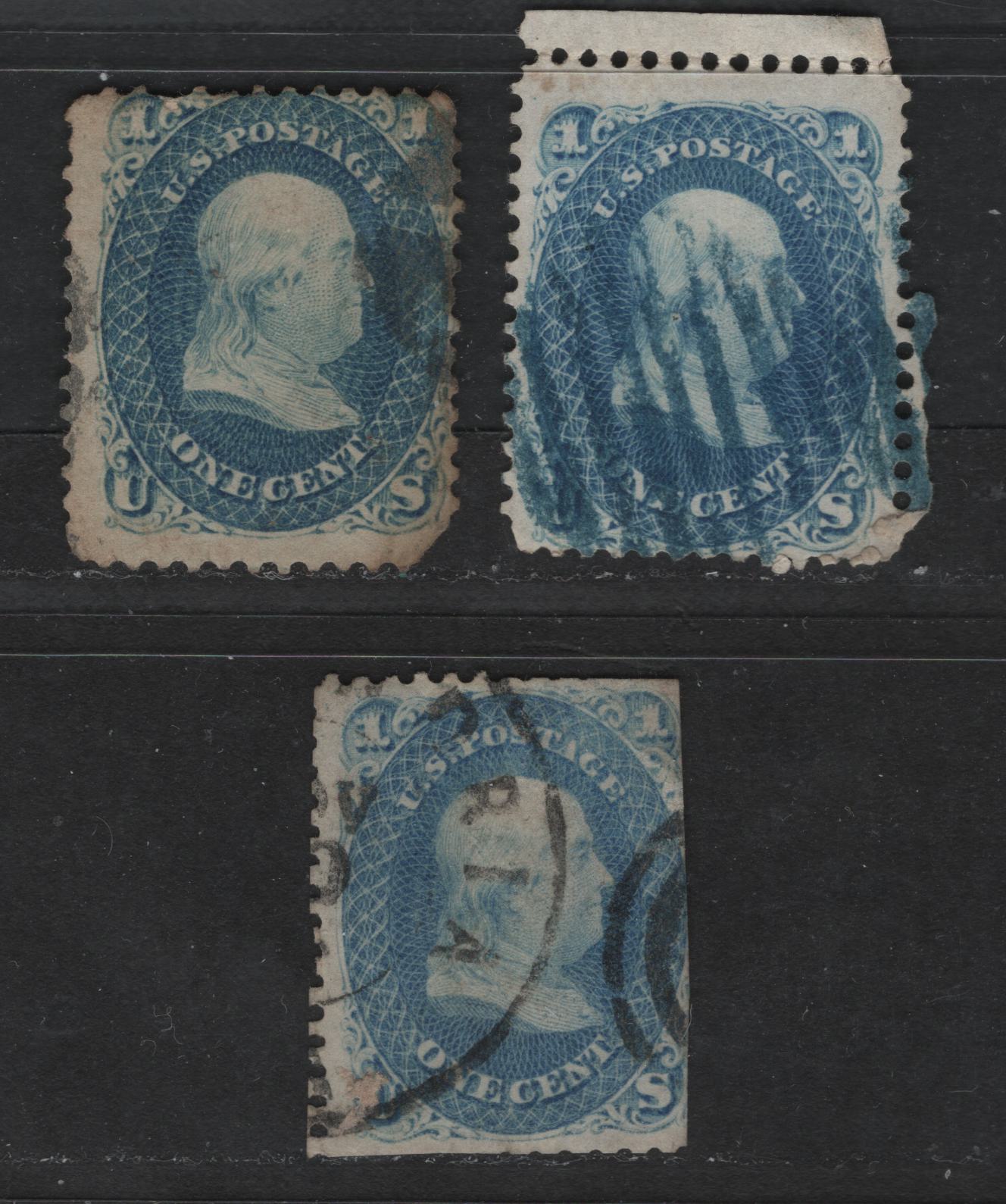 Lot 98 United States Of America #63 1c Greenish Blue, Blue & Pale Blue Benjamin Franklin, 1861-1869 Civil War Issue, 3 Ungraded Used Singles With Severe Faults, Sold As Reference Examples Of The Various Shades