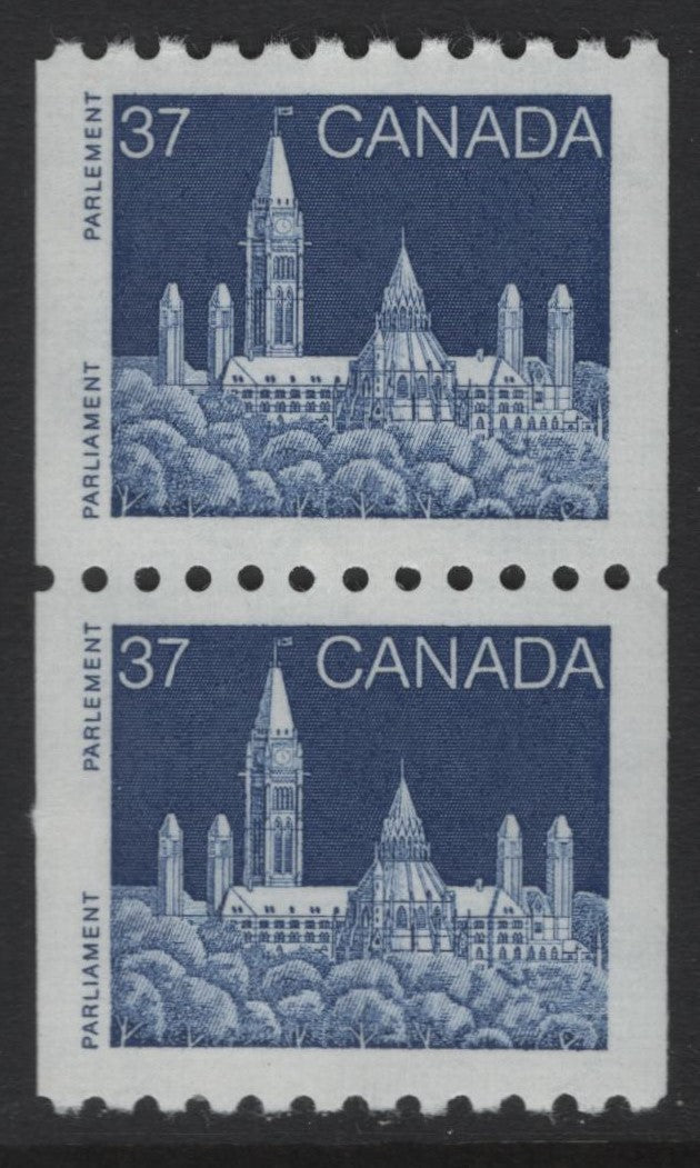 Lot 150 Canada #1194xii 37c Blue Parliament Buildings, 1988-1991 Mammal & Architecture Issue, A VFNH Coil Pair On Horizontal Ribbed DF Peterborough Paper