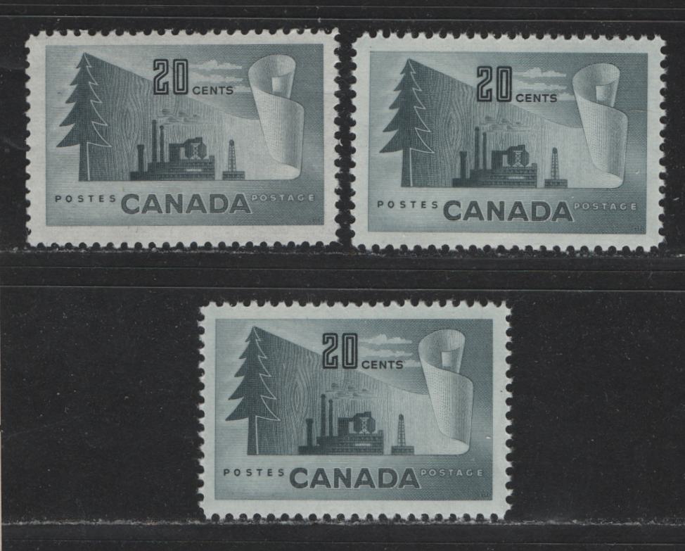 Canada #316 20c Slate Newsprint Industry, 1950-1952 Natural Resources Issue, 3 Fine & VFNH Singles 3 Different Shades & Papers, Yellowish Cream & Cream Semi-Gloss Gum, Different From Lot 422