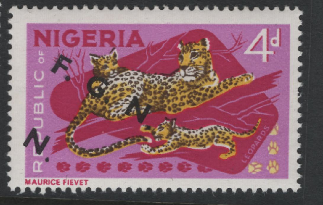 Lot 147 Nigeria SG#177avar 4d Leopards, 1966-1973 Wildlife Definitives, A Fine NH Single On MF/DF Paper, Crackly Gum Arabic, Pink Background Under UV, Downward Slanted FGN Overprint, One Overprint & Part Of 2nd Visible, Scarce, 1st Time Offered!