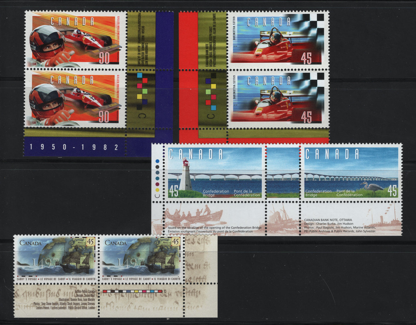 Canada #1646a, 1647-1649 45c-80c Multicoloured Confederation Bridge - The Matthew, Globe & Map, 1997 Confederation Bridge - Cabot Issue, 4 VFNH Inscription Pairs
