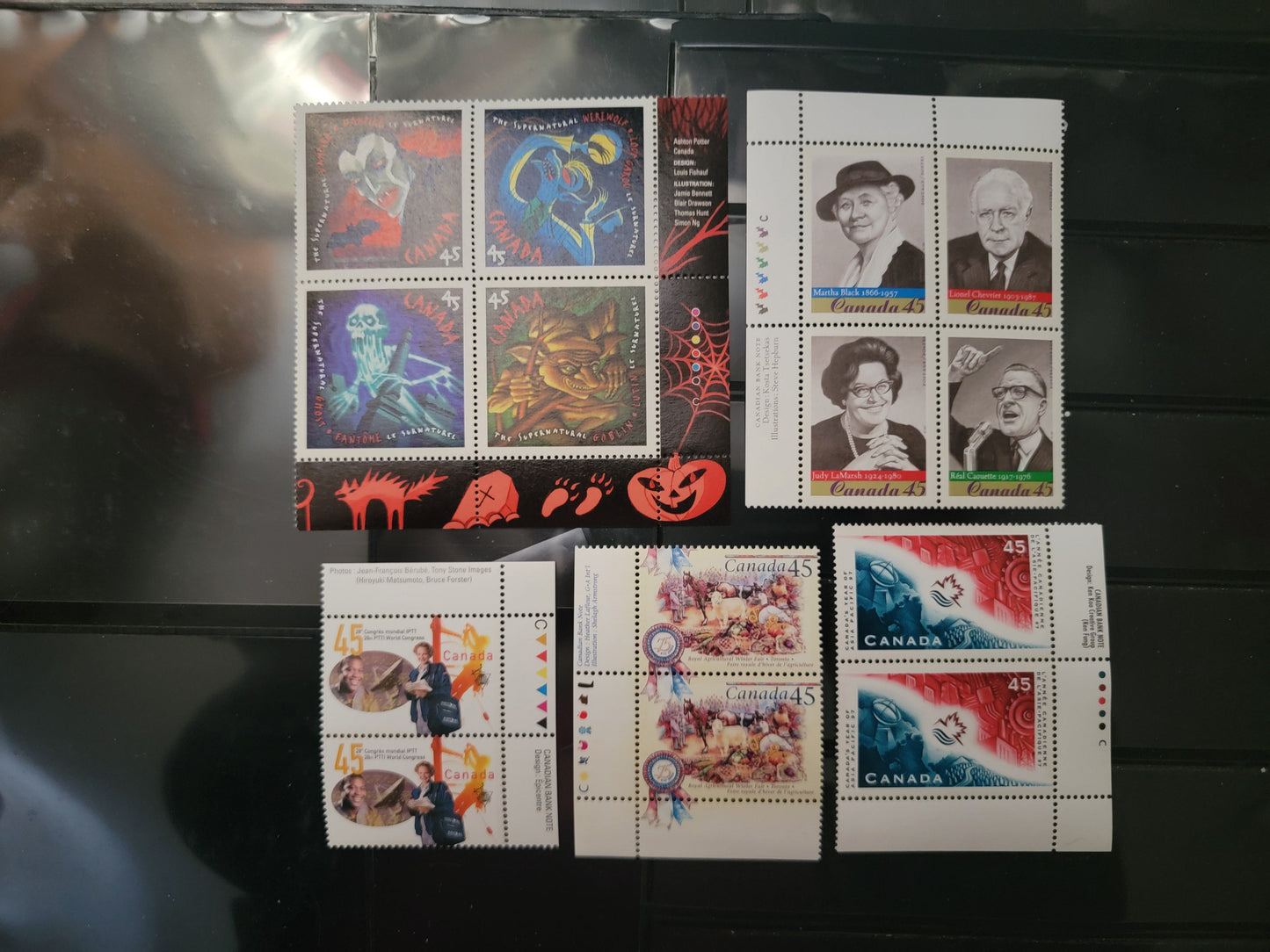 Canada #1657/1672 45c Multicoloured The PTTI - College Fair Events, 1997 World Congress Of PTTI Labour Union - Royal Winter Agricultural Fair, 3 VFNH Inscription Pairs & 2 Inscription Blocks