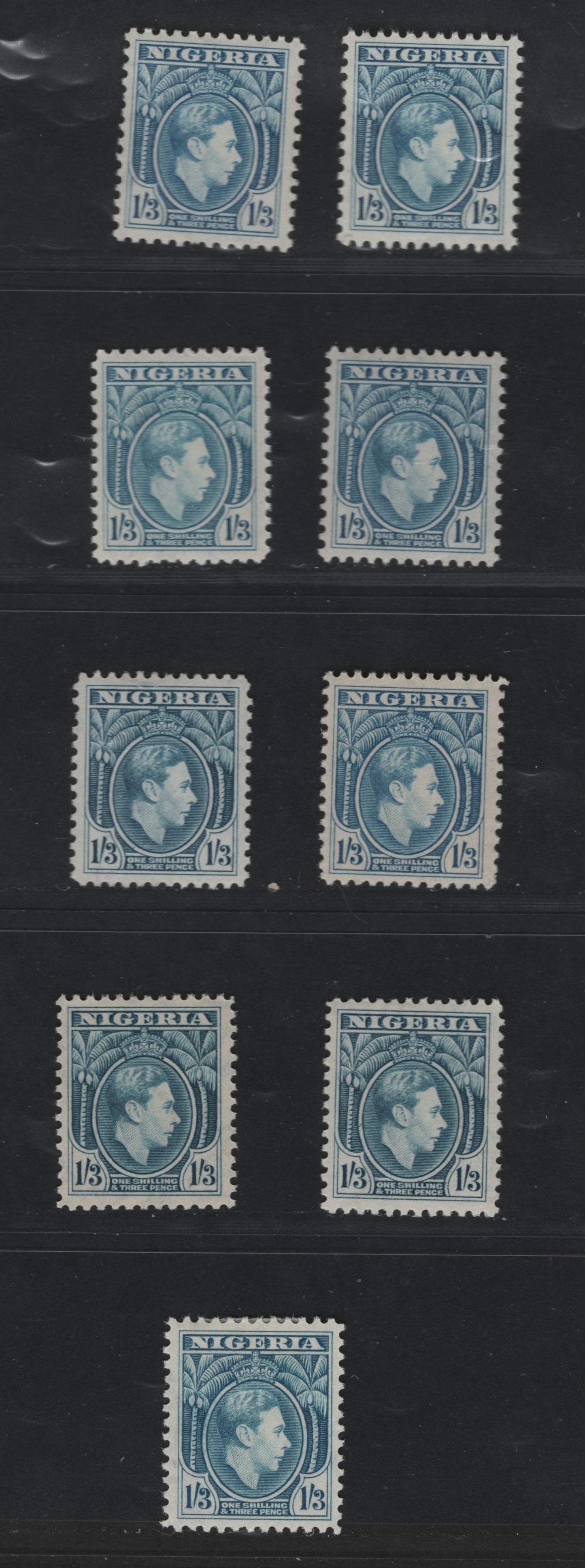 Lot 96 Nigeria #62-62avar (SG#57-57avar) 1/3d Turquoise Blue - Deeper Blue King George VI, 1938-1952 King George VI Definitive Issue, 9 Fine & VF NH/OG Singles, Line Perf 12 & Comb Perf. 11.5, Most All Printings From 1940 - 1951