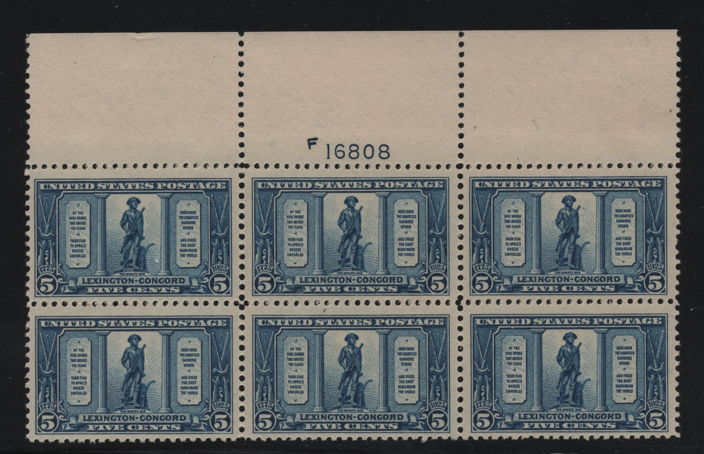 Lot 59 United States Of America #619 5c Dark Blue The Minute Man, 1925 Lexington Concord Issue, A VFNH Plate 16808 Block Of 6