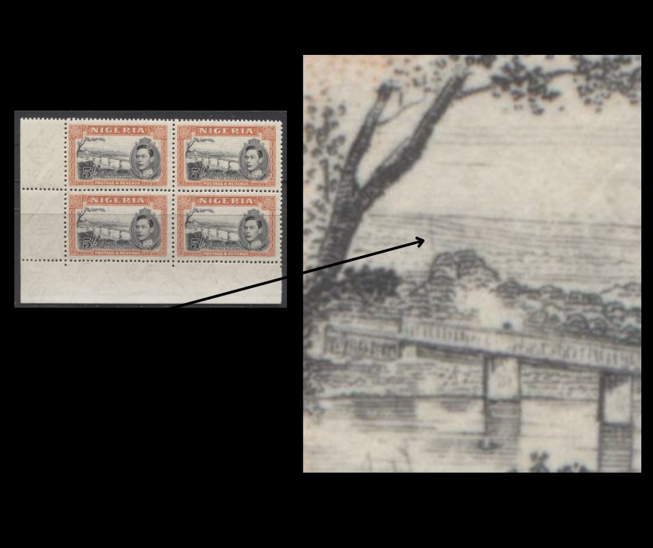 Lot 97 Nigeria #64cvar (SG#59var) 5/- Black & Orange King George VI & Niger Bridge, 1938-1952 King George VI Definitive Issue, A Fine NH/OG LL Corner Block, Comb Perf. 13 x 11.5, 1938 Printing, Vertical Scratch In Sky Variety