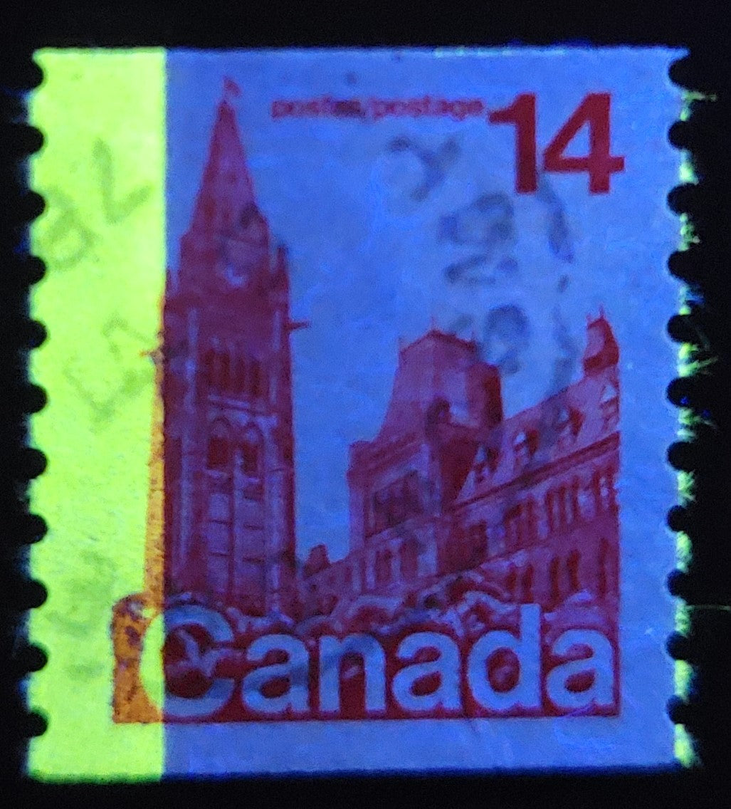 Canada #730T4 14c Red Parliament Buildings, 1977-1982 Floral & Environment Issue, A VF used Coil Single On LF3/LF3 Paper, Invisible Tag, G2aL Tagging Error