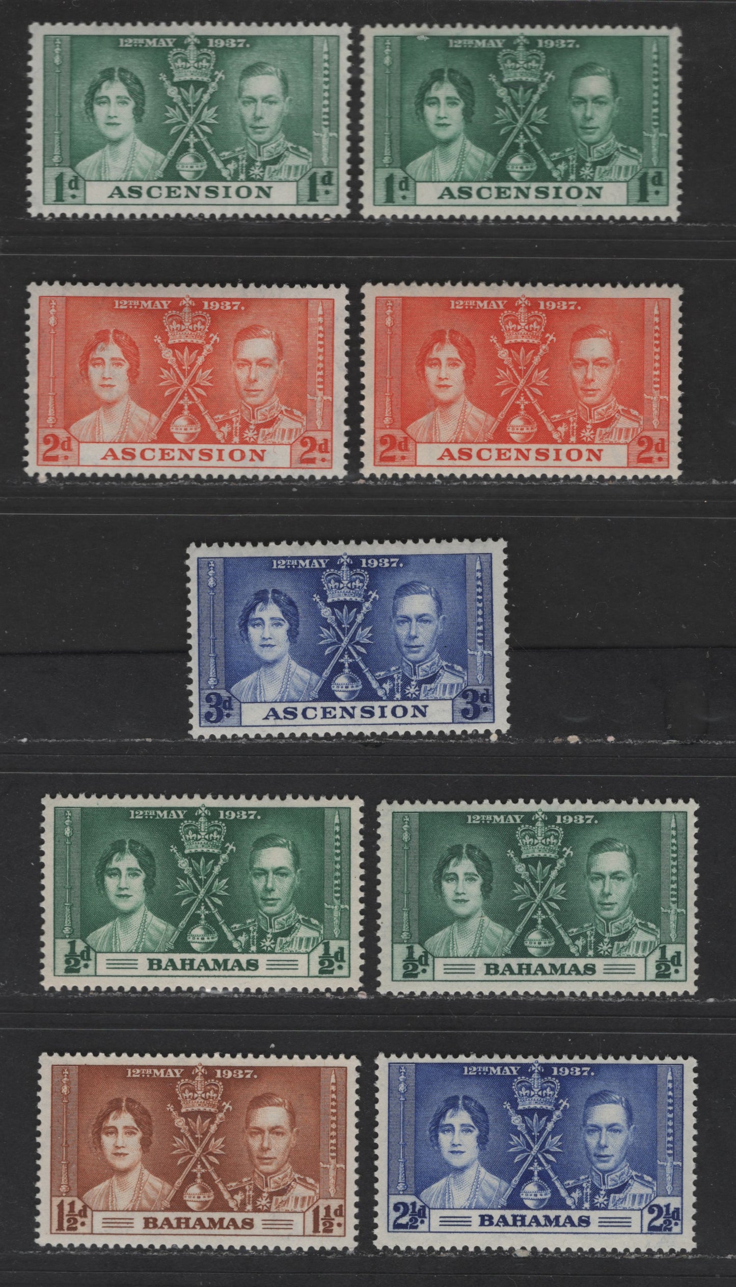 Ascension & Bahamas #37-39, 97-99 1/2d-3d Deep Myrtle Green - Bright Ultramarine King George VI & Queen Elizabeth, 1937 Coronation Issue, 9 Fine & VFNH & OG Singles Including Distinct Shades Of Most Values