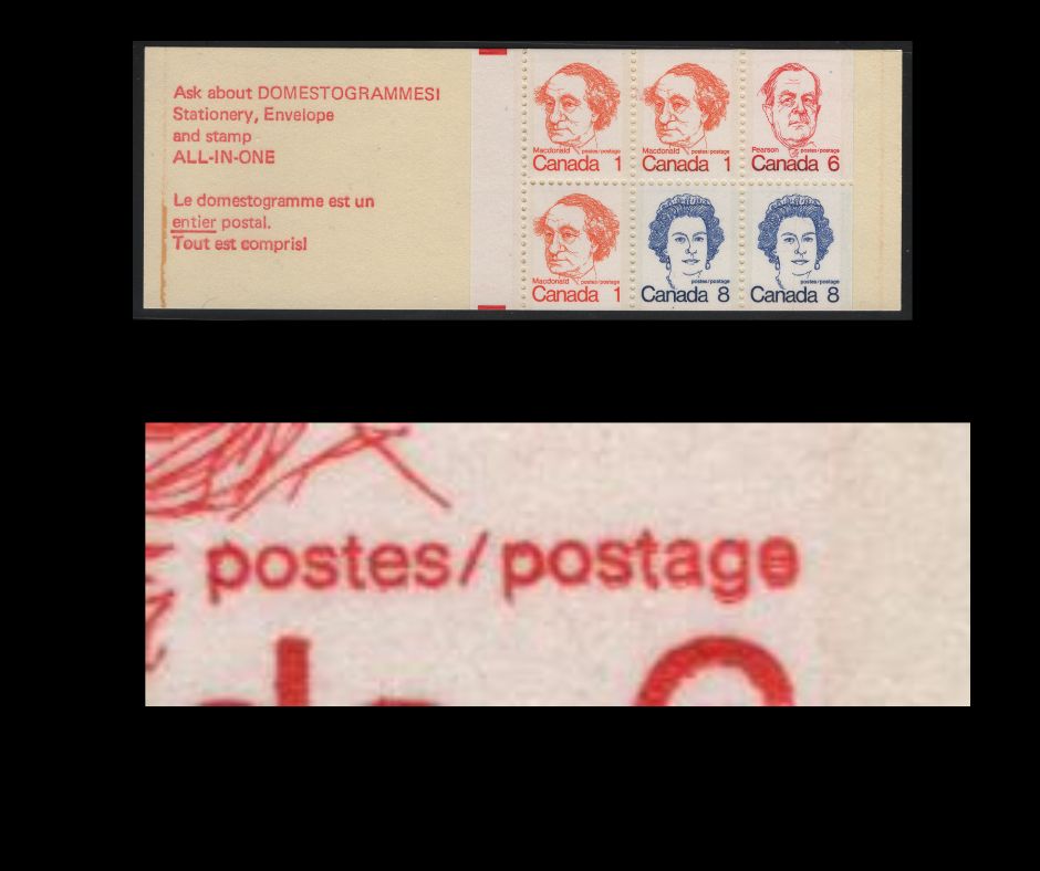 Lot 113 Canada #BK74kivar 1c, 6c, 8c Orange - Royal Blue John A. Macdonald - Queen Elizabeth II, 1973-1978 Caricature Issue, A VFNH Complete Booklet NF Cover, Clear Sealer, NF Pane, Strong Extra Tag Down End Stamps, Re-Entry In "AGE" Of "Postage"
