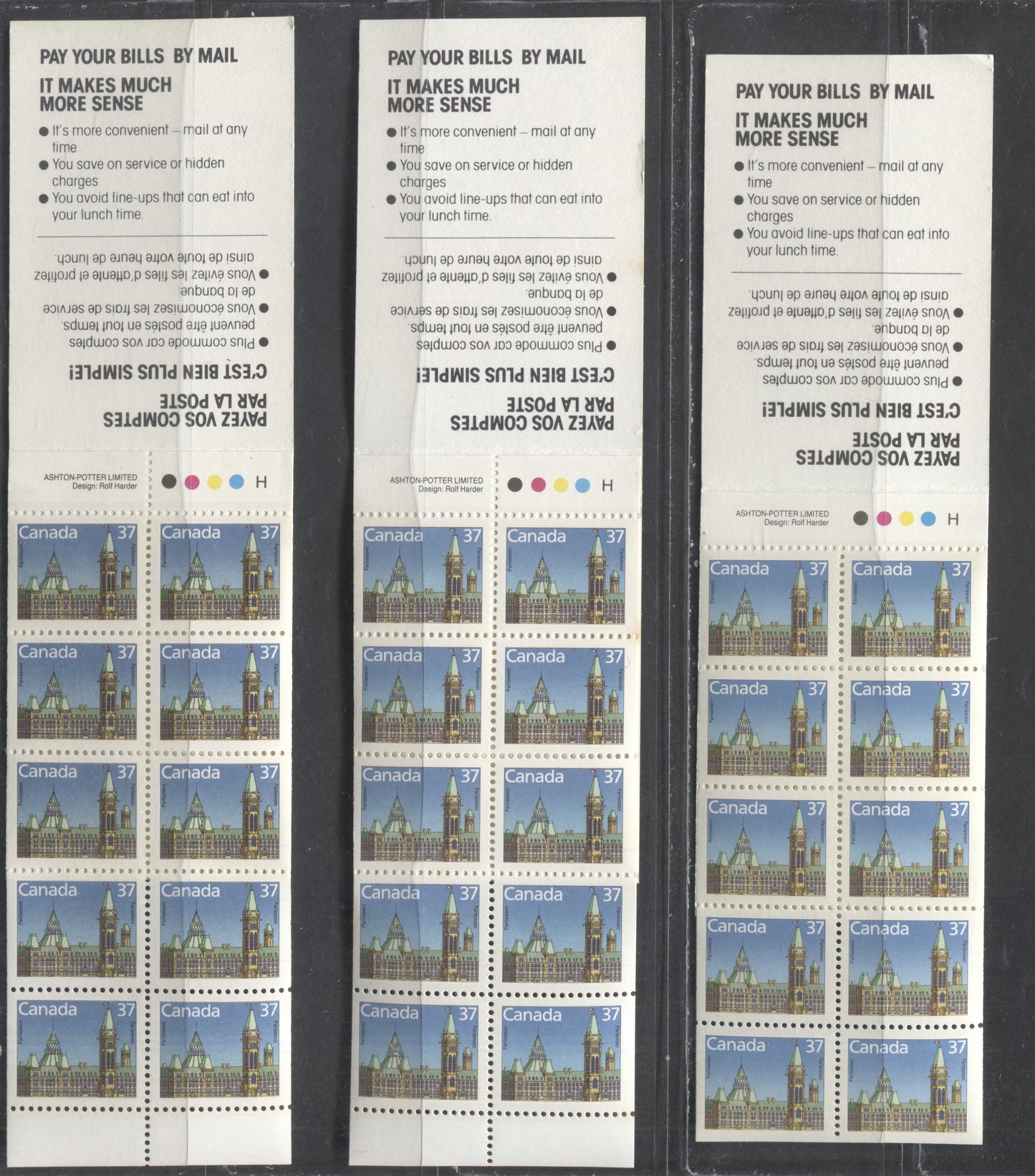 Lot 5 Canada #BK97a,b,d 37c Multicolored Parliament Building, 1987 Flag & Wildlife Issue, 3 VFNH Booklets Of 10 On Harrison Papers With Different Cover Texts & Card Stocks