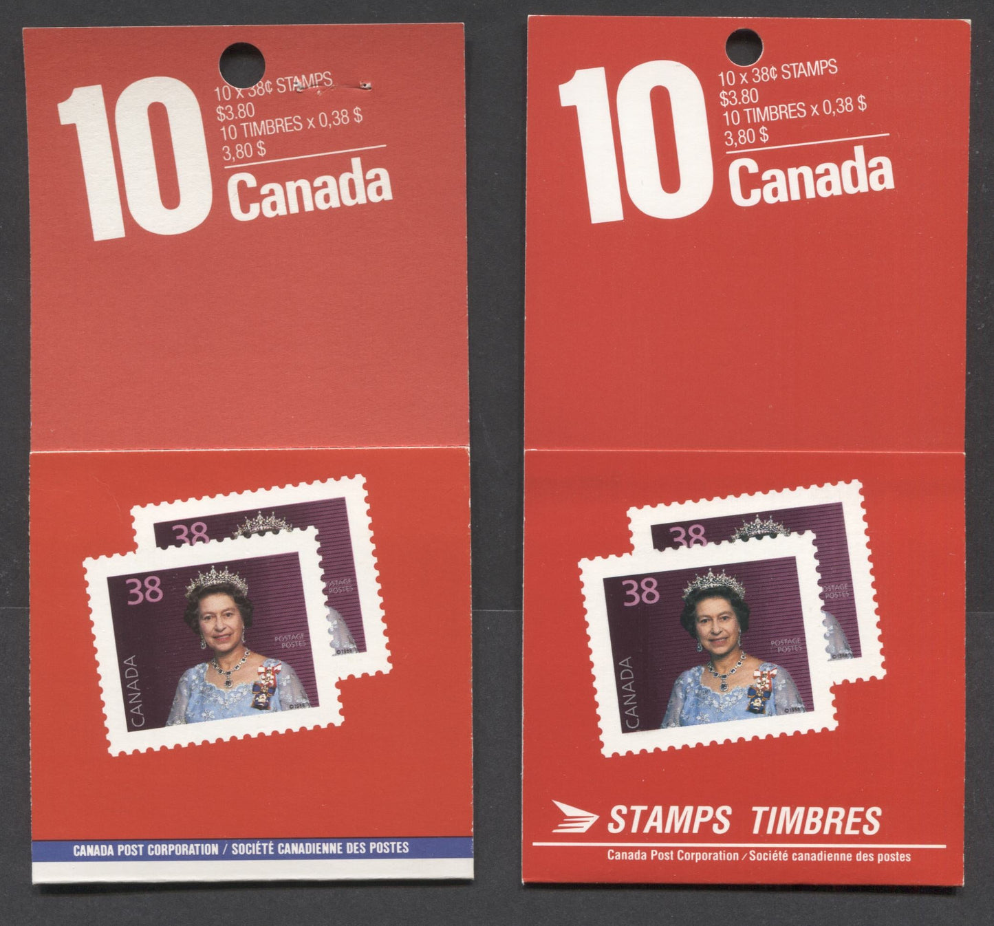 Lot 7 Canada #BK102b,c 38c Multicolored Queen Elizabeth II, 1988 Flag & Wildlife Issue, 2 VFNH Booklets Of 10 With Different Covers & Texts