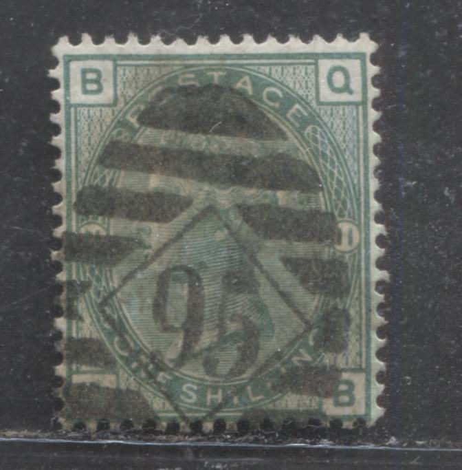 Lot 2 Great Britain SC#64 (SG#148) 1/- Deep Green 1873-1880 Large Coloured Corner Letters, Plate 11 Printing, Spray Of Rose Wmk, #95 London District Cancel, A Very Good Used Example, Estimated Value $60