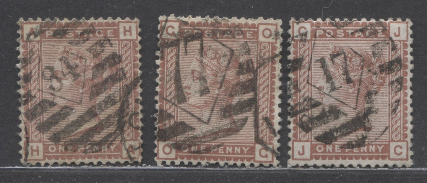 Lot 3 Great Britain SC#79 (SG#166) 1d Red Brown 1880-1881 Postage Issue , Imperial Crown Wmk, London District Diamond Grid Cancels, 3 Fine/Very Fine Used Examples, Click on Listing to See ALL Pictures, Estimated Value $30