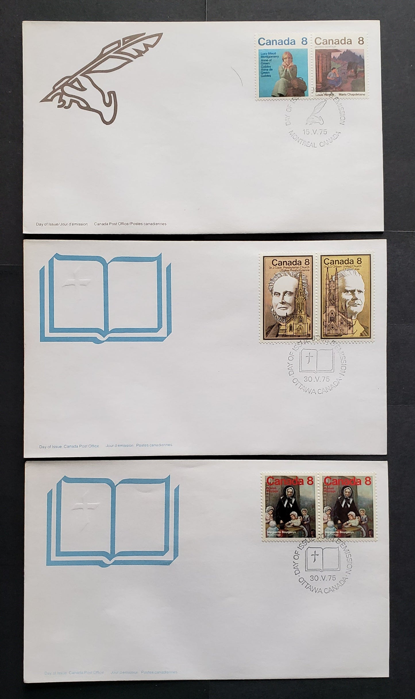 Lot 280 Canada #658-663 8c Multicolored Various Designs 1975 Commemoratives, 9 Canada Post First Day Covers Franked With Blocks & Pairs, DF & MF, Smooth & Ribbed Paper, HB Envelopes, Cat. Value $17.4