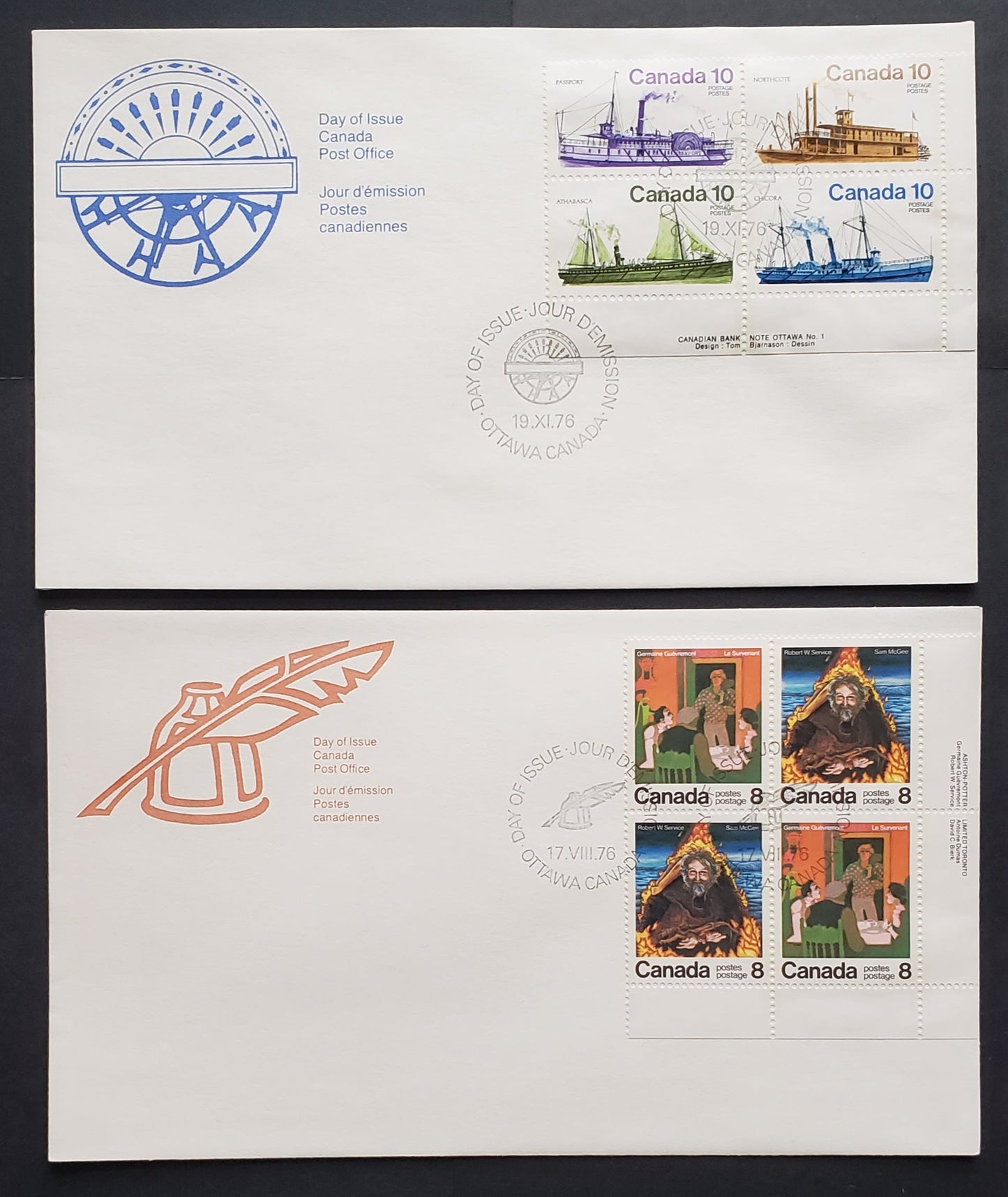 Lot 283 Canada #695-696, 703a 8c-10c Multicoloured Various Designs 1976 Commemoratives, 2 Canada Post First Day Covers Franked With LR Blocks, LF & NF Paper, LF Envelopes, Ships Include Short Bar Variety At Pos. 45, Cat. Value $41.4