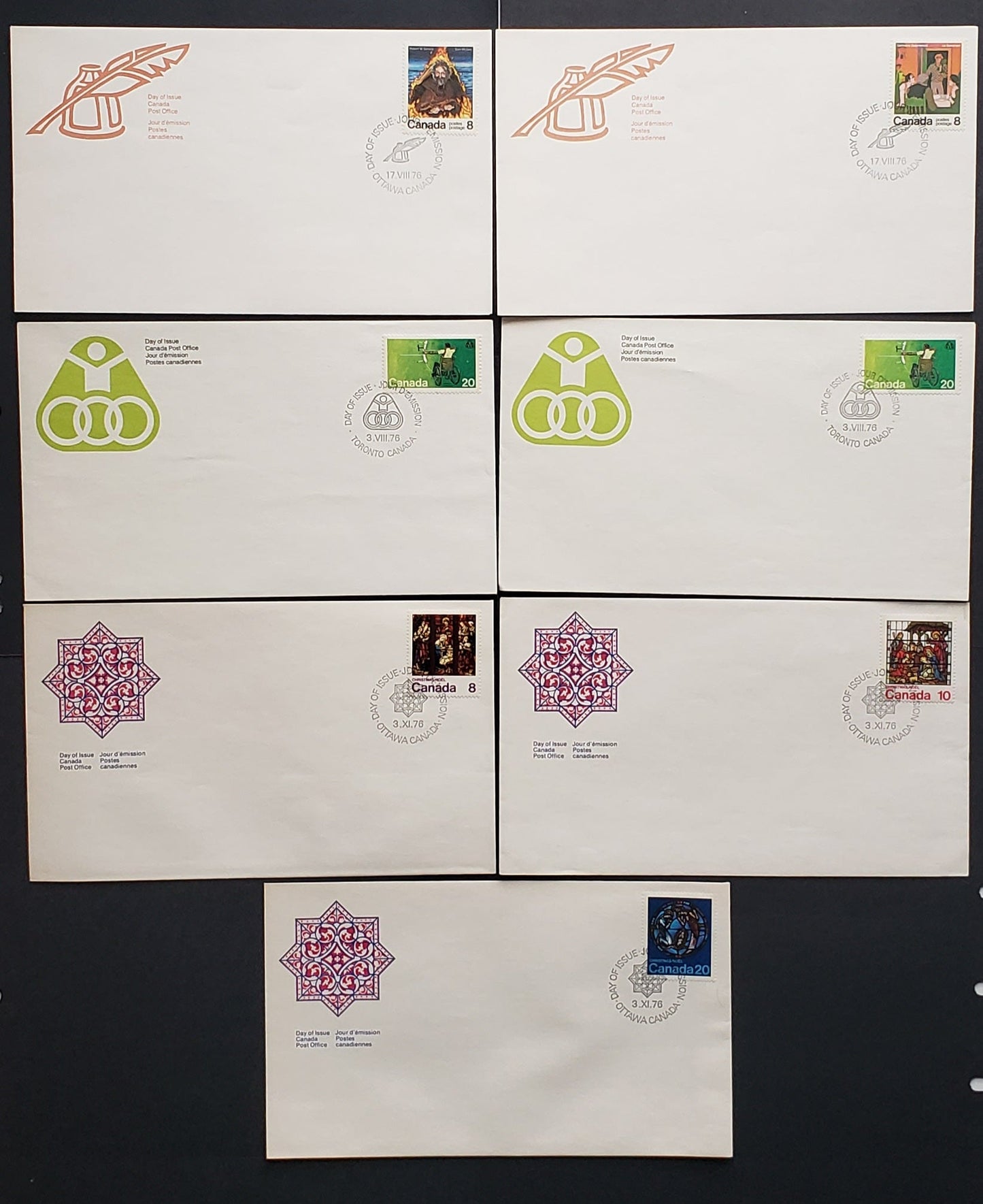 Lot 285 Canada #694-674 8c-20c Multicoloured Various Designs 1976 Commemoratives, 7 Canada Post First Day Covers Franked With Singles, DF & HB Paper, LF & MF Envelopes, Cat. Value $12.05