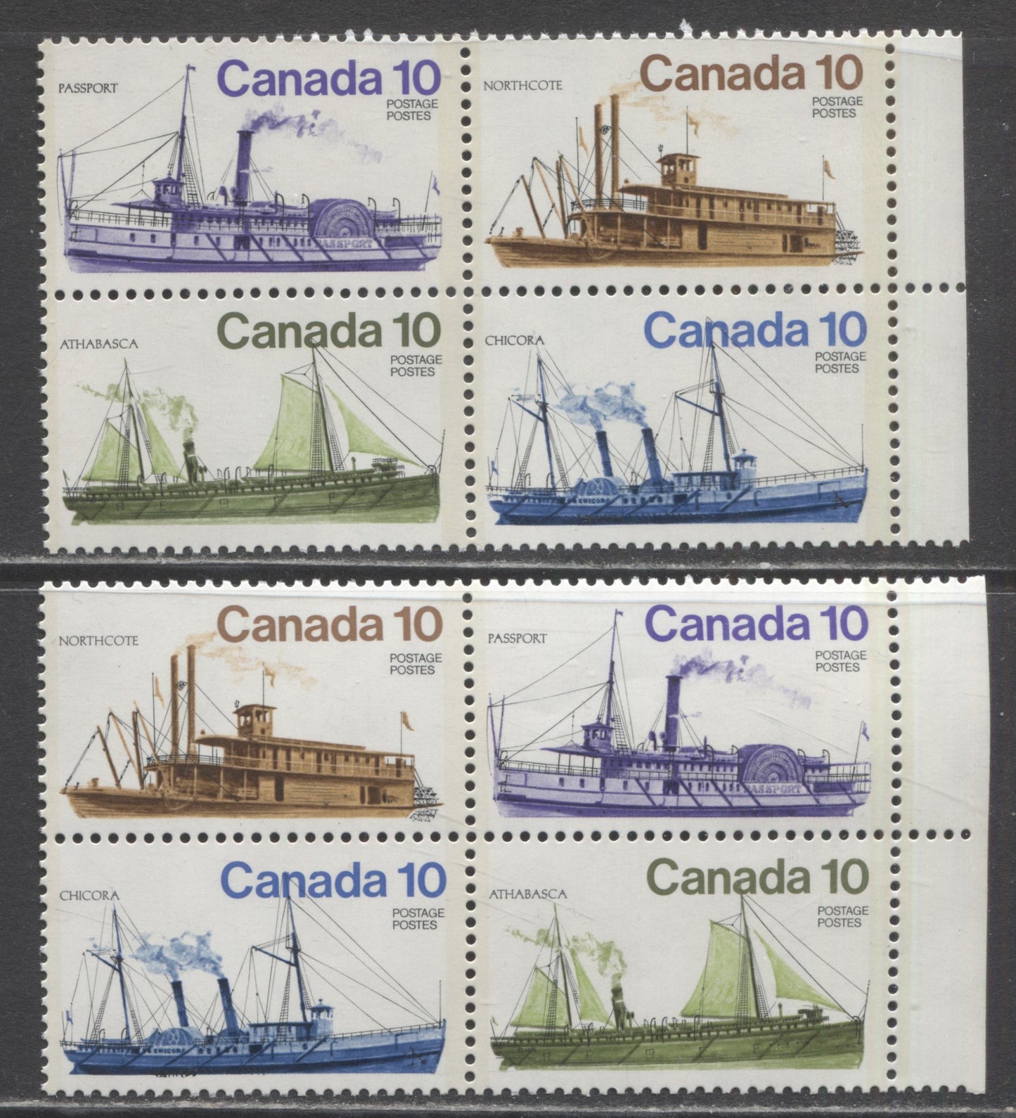 Lot 287 Canada #703a 10c Multicolored Northcote - Athabasca, 1976 Inland Vessels, 2 VFNH Right Margin Blocks Of 4 On DF & NF Papers